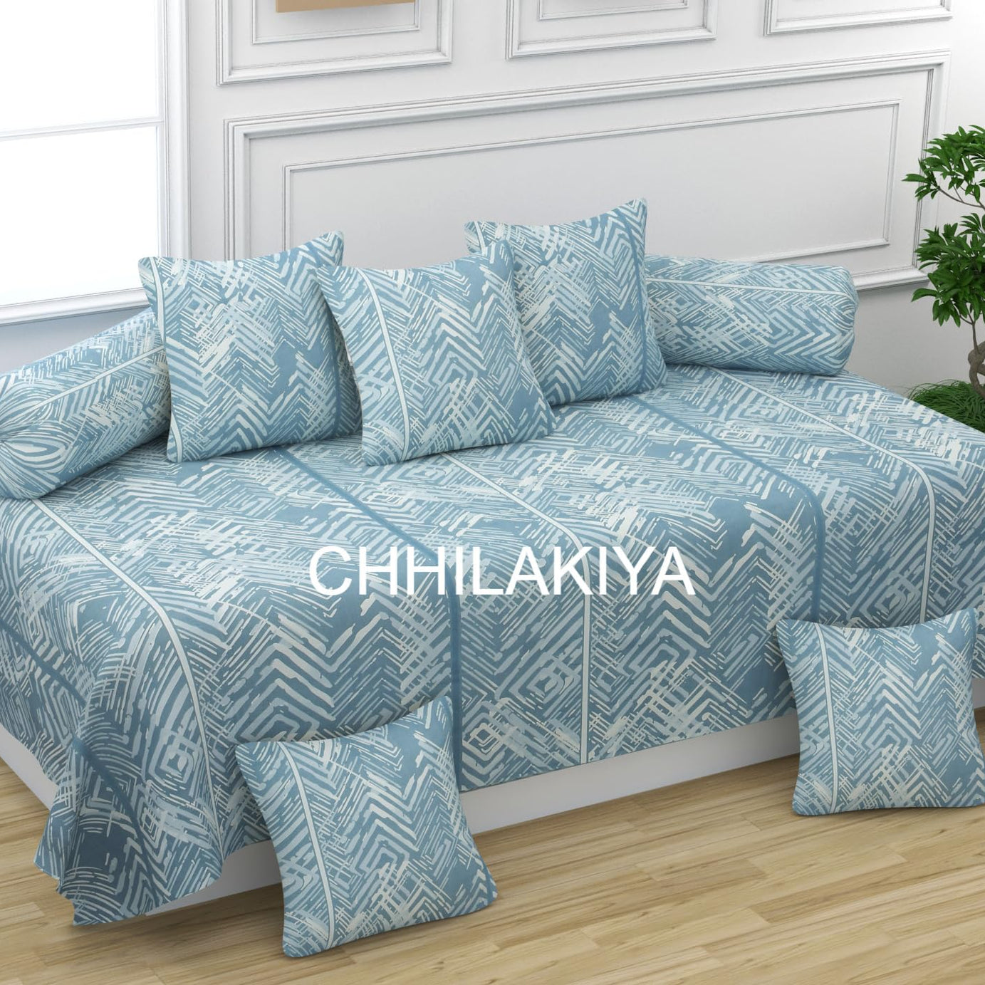 CHHILAKIYA Diwan Set Designer Printed Standard Diwan Set (1 Single Bedsheet(60x90 Inch), 2 Bolster Covers(16x32Inch), 5 Cushion Covers(16x16 Inch) (Blue)