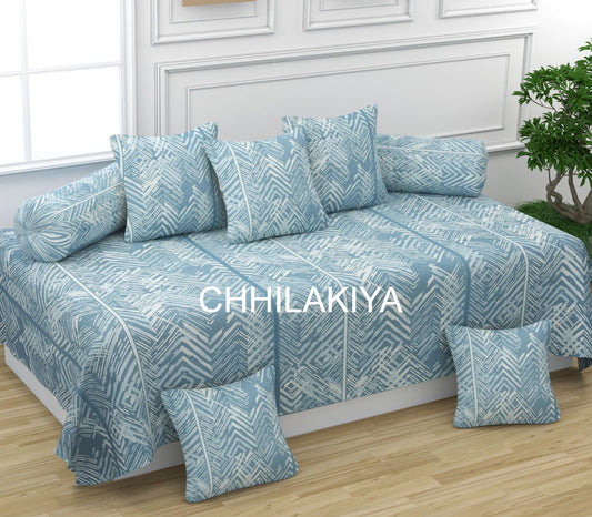 CHHILAKIYA Diwan Set Designer Printed Standard Diwan Set (1 Single Bedsheet(60x90 Inch), 2 Bolster Covers(16x32Inch), 5 Cushion Covers(16x16 Inch) (Blue)