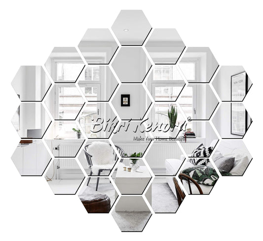 Bikri Kendra - Hexagon 30 Silver mirror stickers for wall, acrylic mirror wall decor sticker, hexagonal mirror wall sticker, wall mirror stickers, wall stickers for hall room, bed room, Kitchen