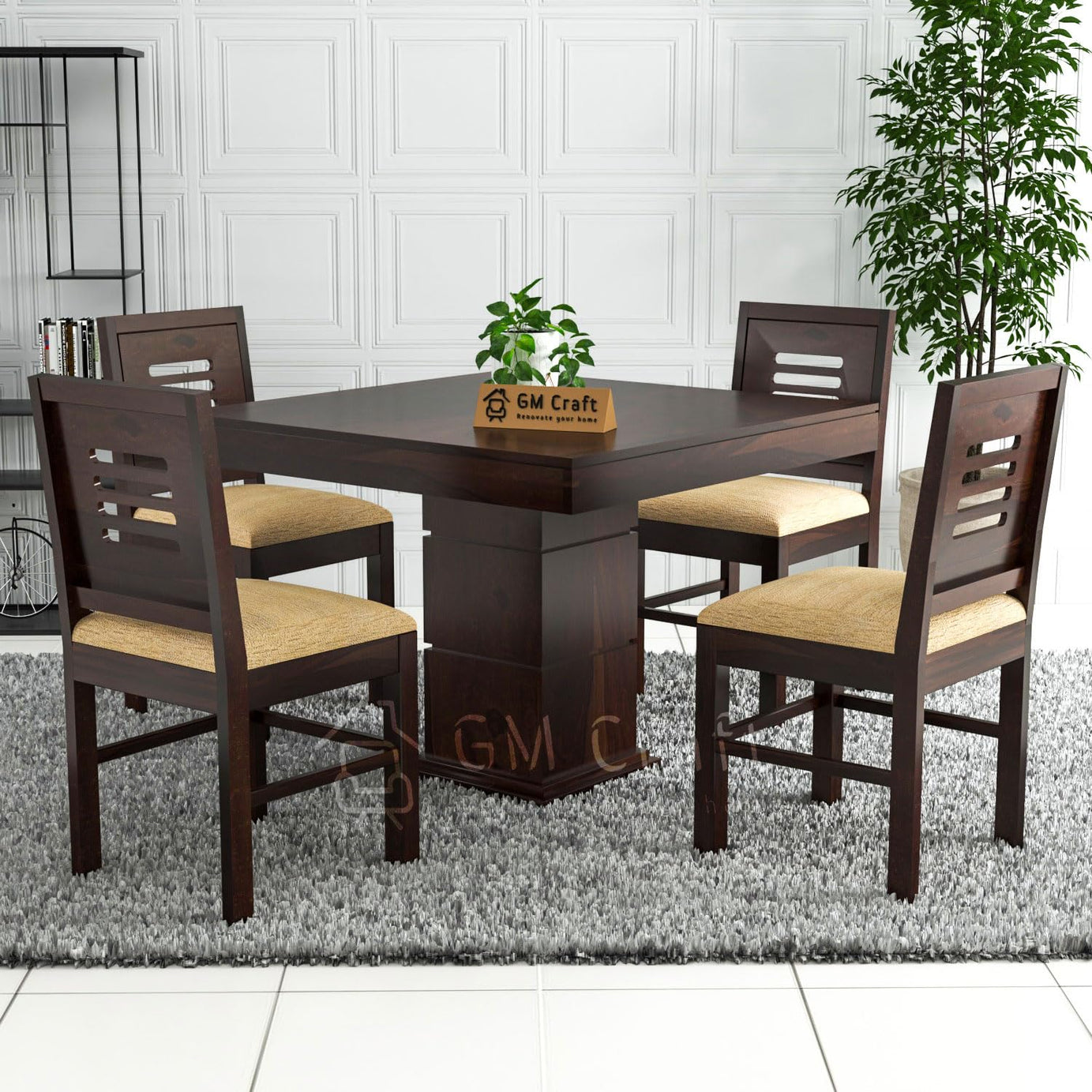 GM CRAFT Solid Sheesham Wood Dining Table 4 Seater with Chairs for Dining Room, Living Room - Walnut Finish