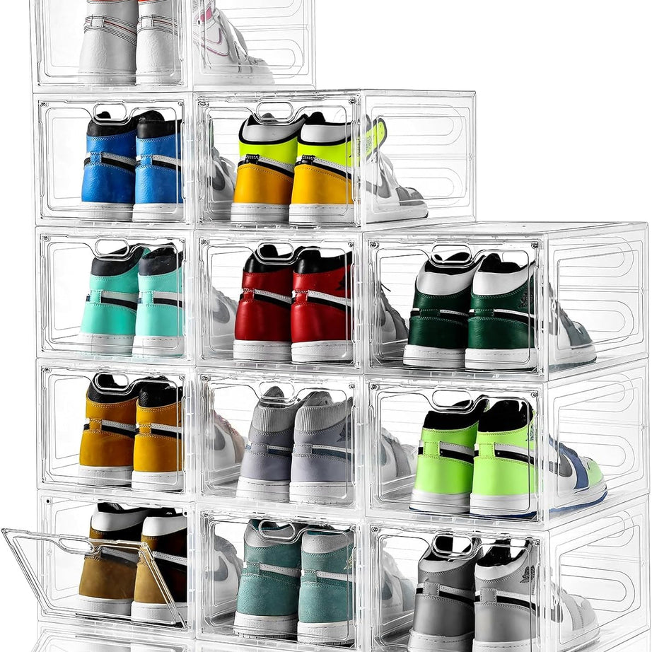 DUNGRANI ENTERPRISE Magnetic Side Open Transparent Plastic Storage Shoe Box Stackable Foldable Storage Shoe Box Sneaker Storage Box Clear Plastic Shoe Box Bin Holder Size:14.2X11X8.7 Inch (Pack Of 1)