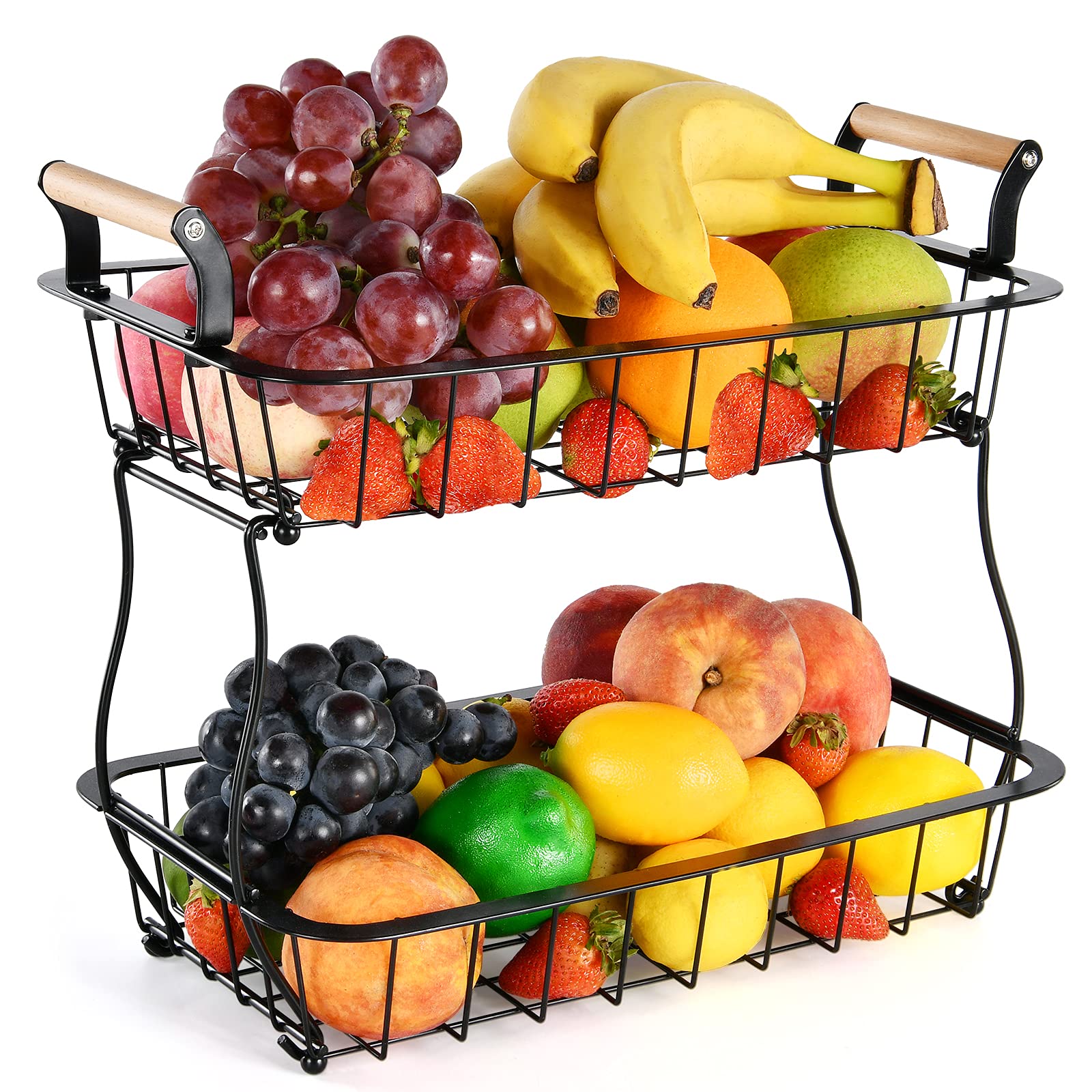 ANTOPY 2 Tier Countertop Fruit Basket for Kitchen Vegetable Fruits Basket Bowl Stand Metal Rectangle Wire Basket Storage Holder for Fruits Veggies Bread Snacks Kitchen Organizer, Black