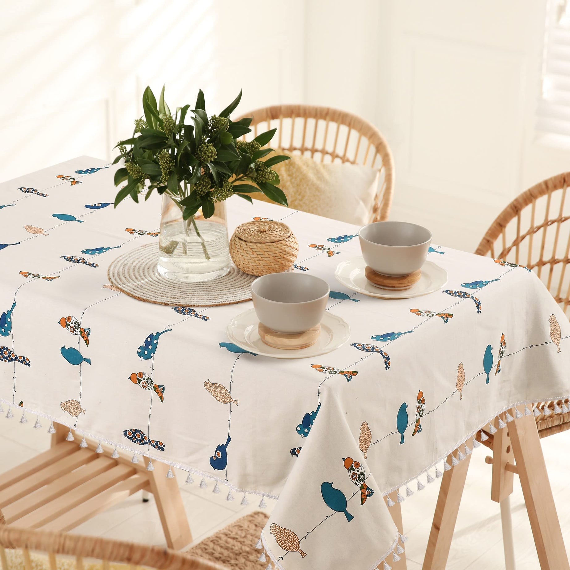 Urban Space 100% cotton dining table cover 4 seater, printed cotton table cloth for center table BOHO tassels, 52" x 72" - (4 seater, Hummingbird Blue)