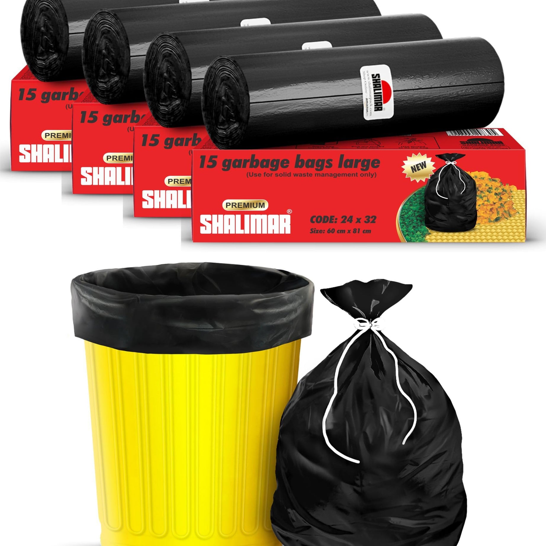 Shalimar Premium Garbage Bags Size 24 X 32 Inches (Large) 60 Bags (4 rolls) Dustbin Bag/Trash Bag - Black Color