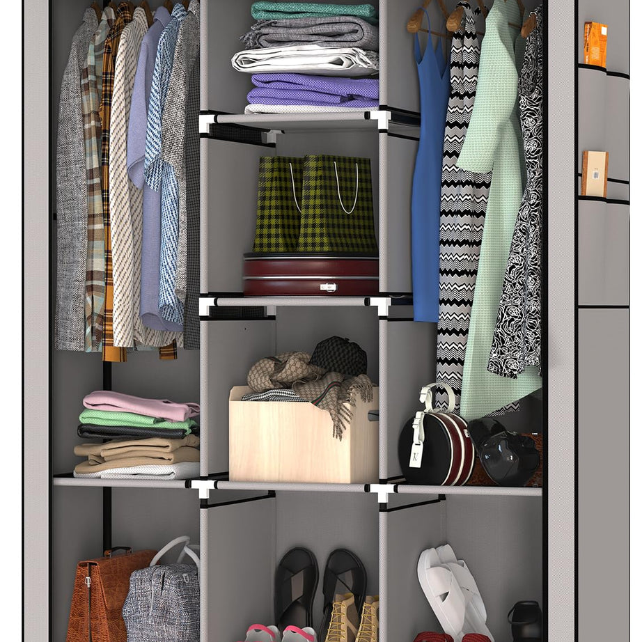 MY ARMOR 3-Door Foldable Wardrobe for Clothes, Mutifunctional Storage Rack Cabinet Fabric Almirah, Collapsible Wardrobe Organizer Cupboard, Grey, 8 Shelfes & 2 Hanger Cabinet Design