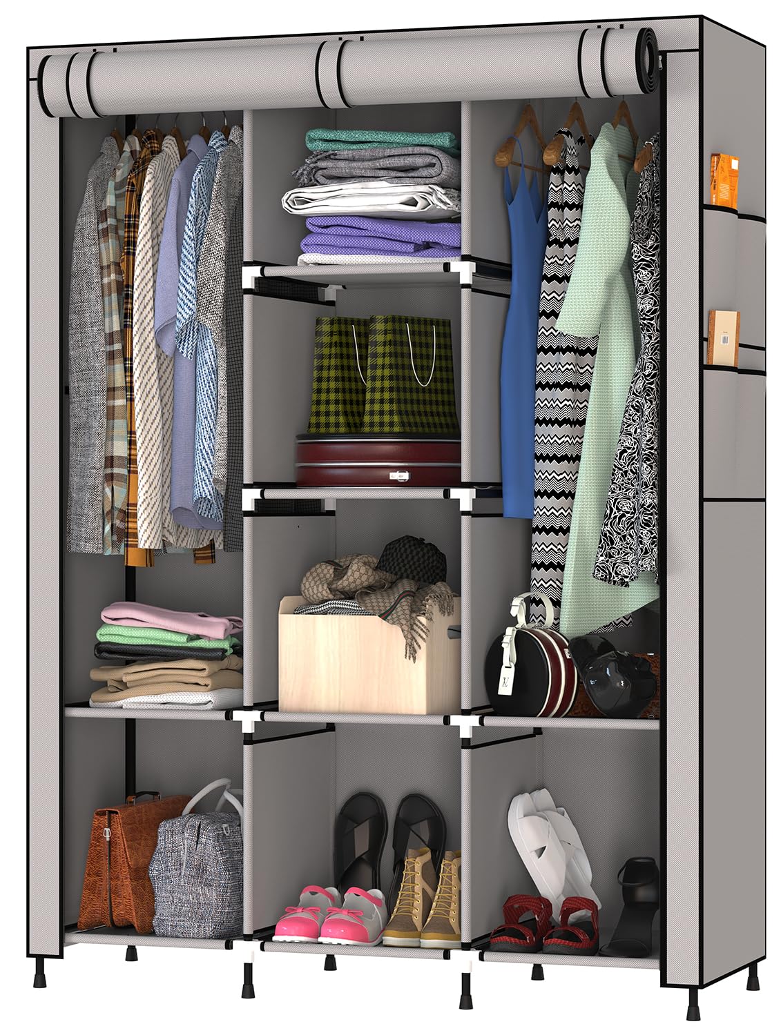 MY ARMOR 3-Door Foldable Wardrobe for Clothes, Mutifunctional Storage Rack Cabinet Fabric Almirah, Collapsible Wardrobe Organizer Cupboard, Grey, 8 Shelfes & 2 Hanger Cabinet Design