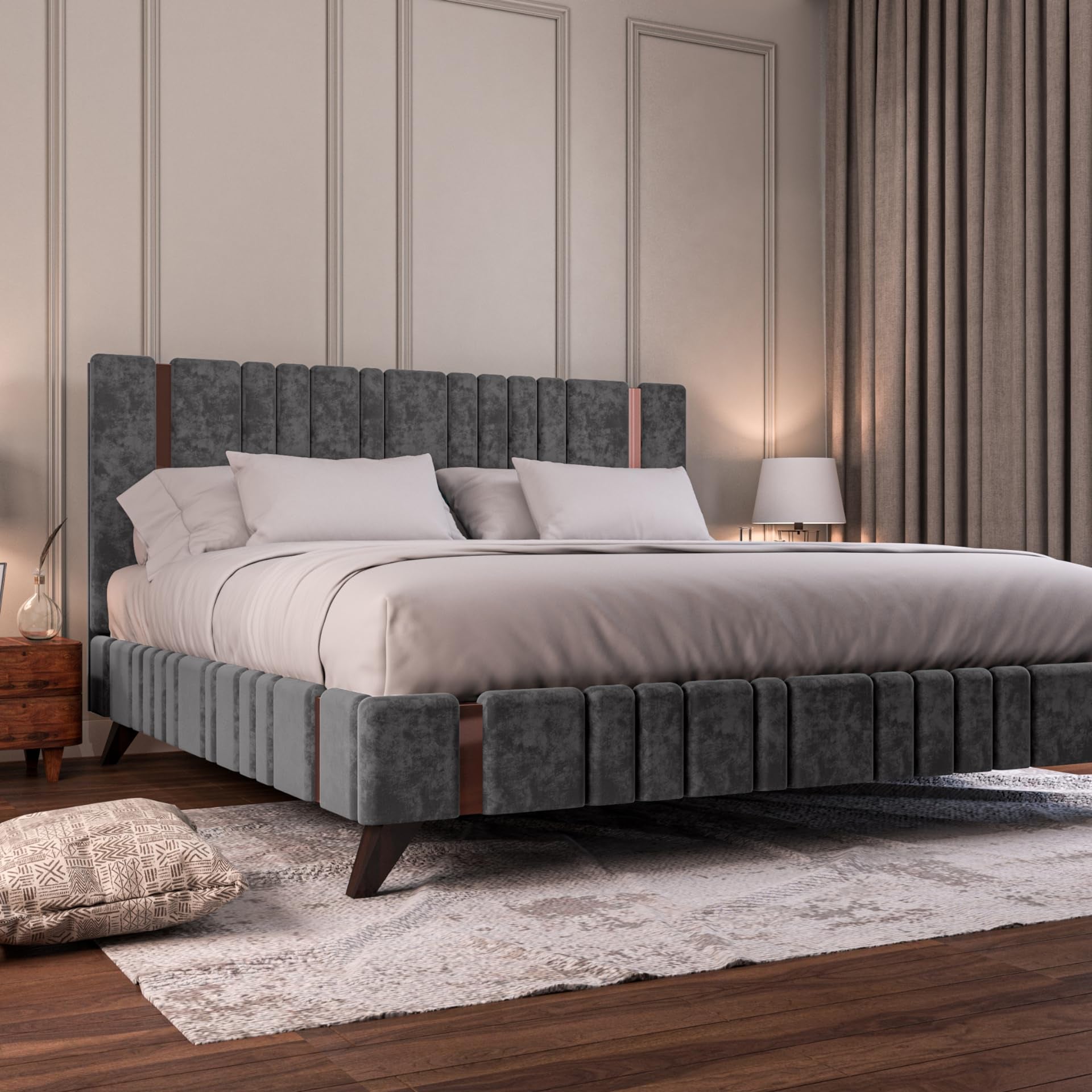 Acacia Modern Upholstered King Size Bed for Bedroom | Wooden Double Bed | Platform Cot Bed with Upholstery Premium Fabric | 6.5 x 6 Ft | Sheesham Solid Wood (Brown, Dark Grey, Copper Line)