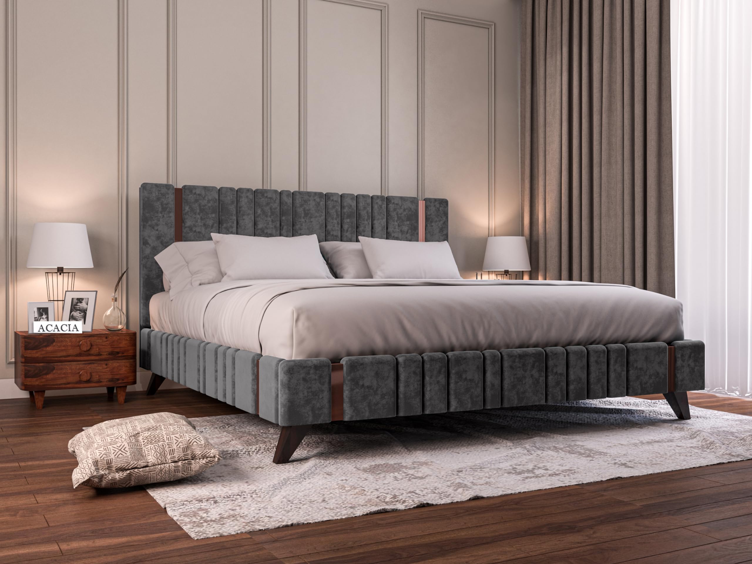 Acacia Modern Upholstered King Size Bed for Bedroom | Wooden Double Bed | Platform Cot Bed with Upholstery Premium Fabric | 6.5 x 6 Ft | Sheesham Solid Wood (Brown, Dark Grey, Copper Line)