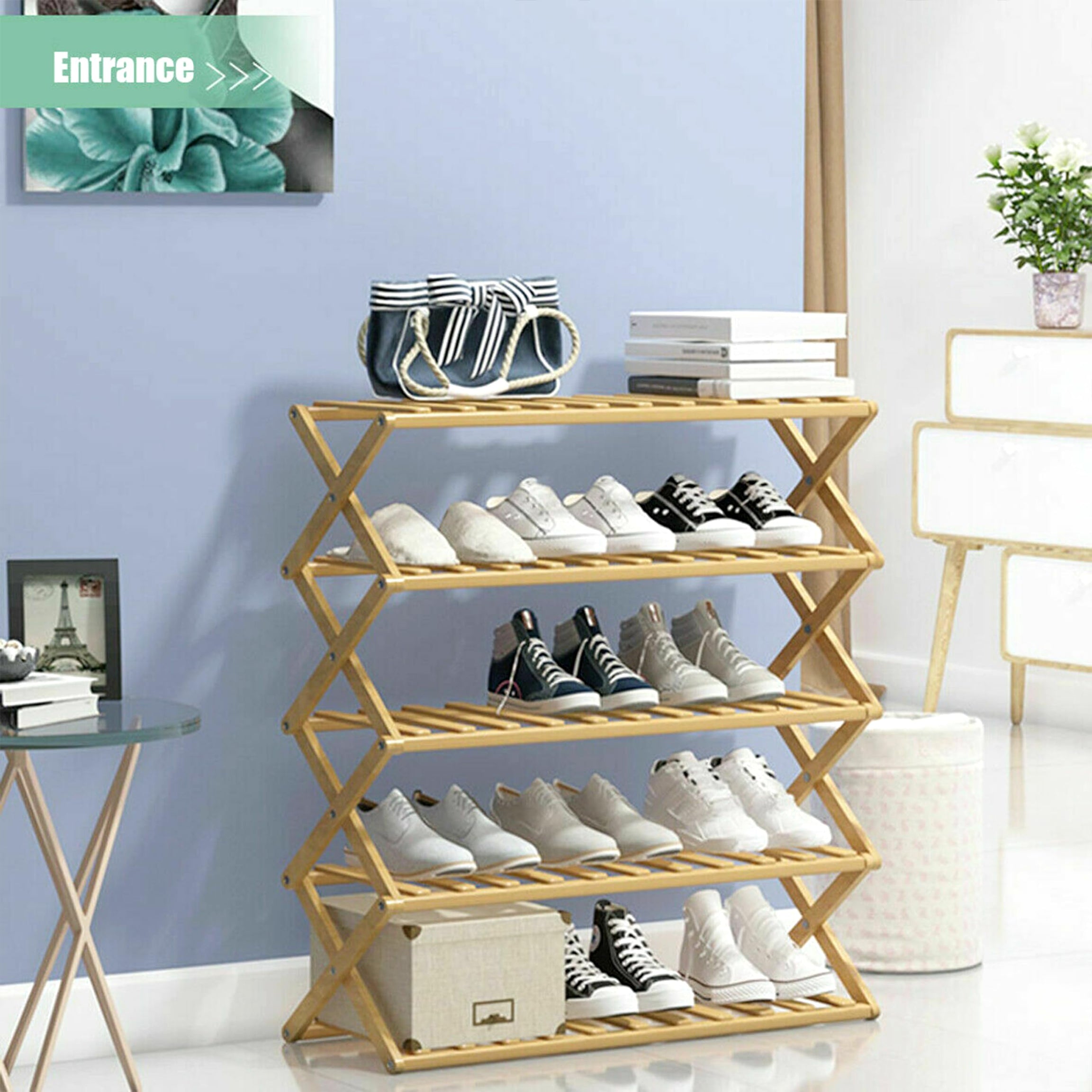 Livzing 5-Layer Collapsible Shoe Rack-Bamboo Multipurpose-Folding Storage Shelf-Installation Free Organizer-Portable Wooden Stand, 69 X 25 X 90 CM