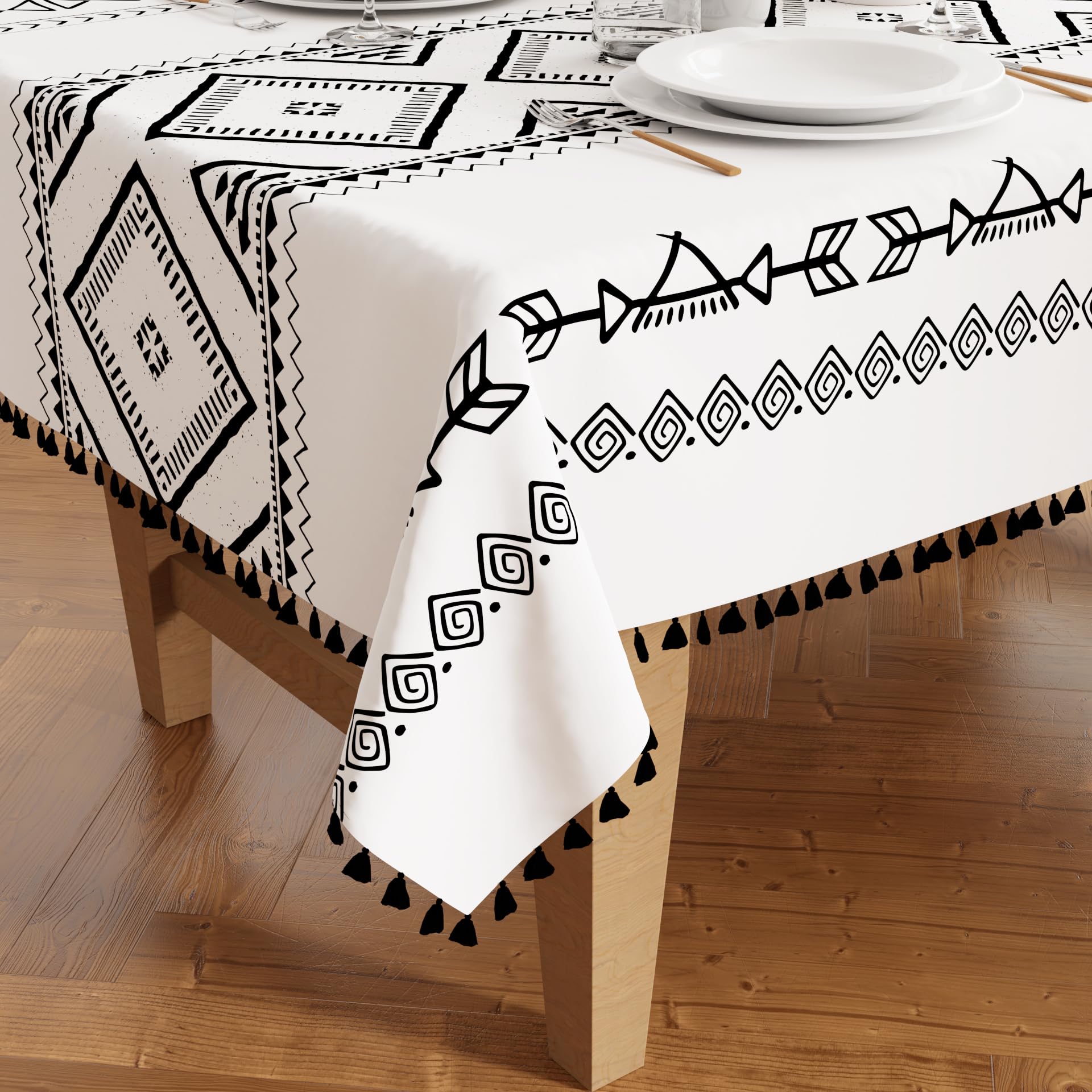 Encasa Homes Silky Polyester Table Cloth for 6 to 8 Seater Table|Printed Boho Panel Design W/Tassels|Use Kitchen Dining,Festivals,Indoor & Outdoor Parties W/Size 142X240 Cm-Rectangular,Multicolor