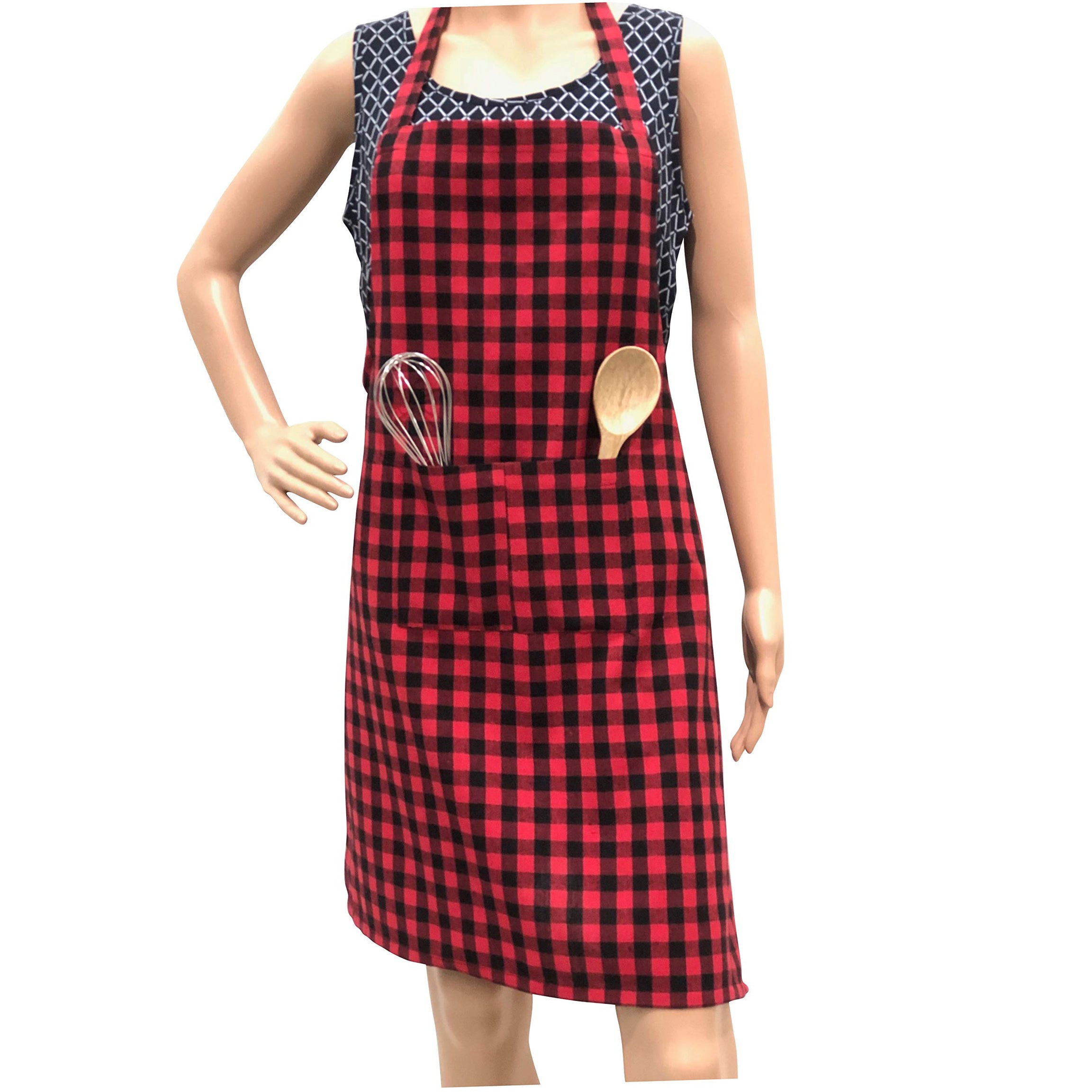 PIXEL HOME Decor Cotton Apron 100% Cotton Check Kitchen Apron with Front Center Pocket Best Design Apron (Red Checked)