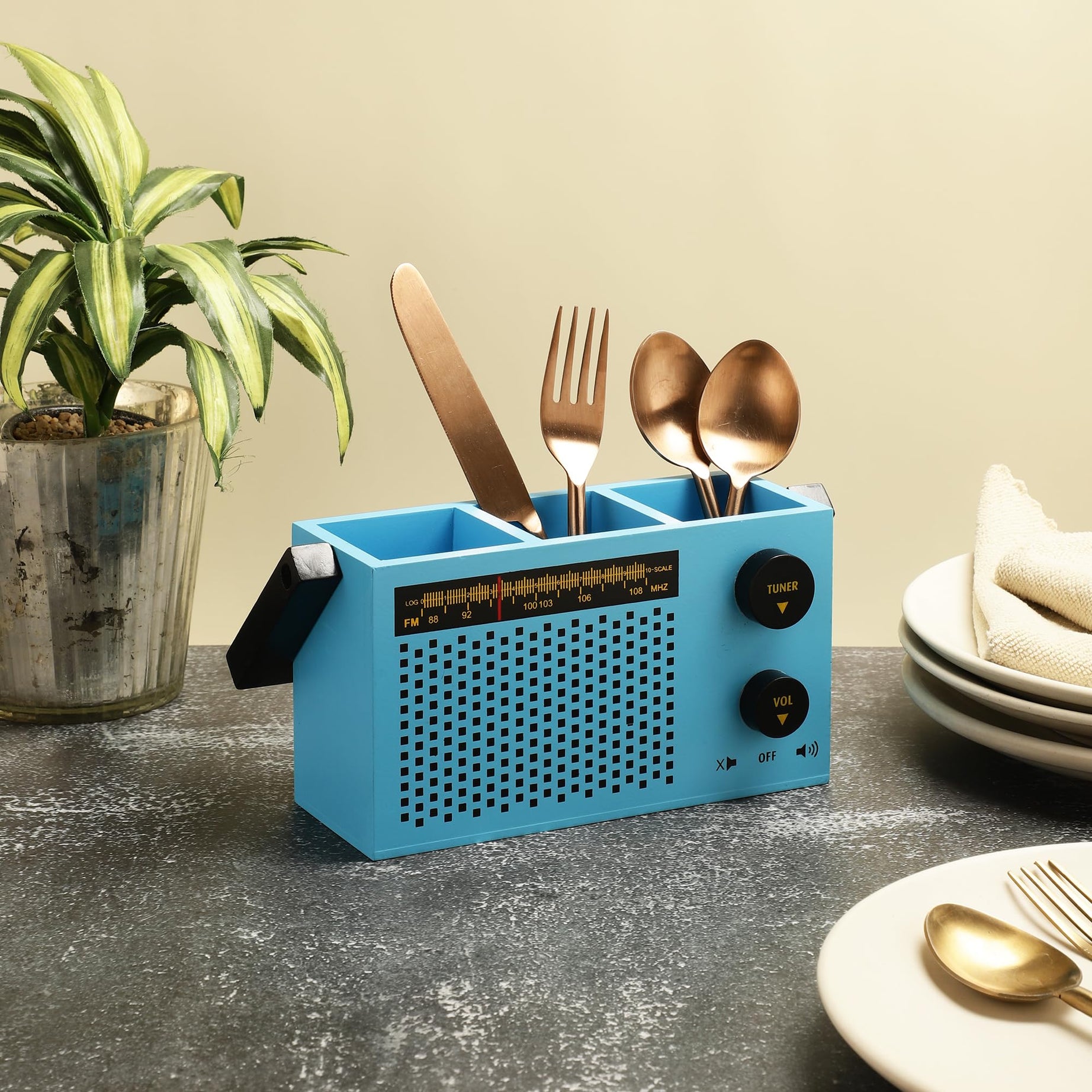 EK DO DHAI Radio Wooden Retro Cutlery Holder for Counter top, Dining table, Kitchen Table for Forks, Knives, Spoons Holder Kitchen Organizer Cutlery Holder Blue