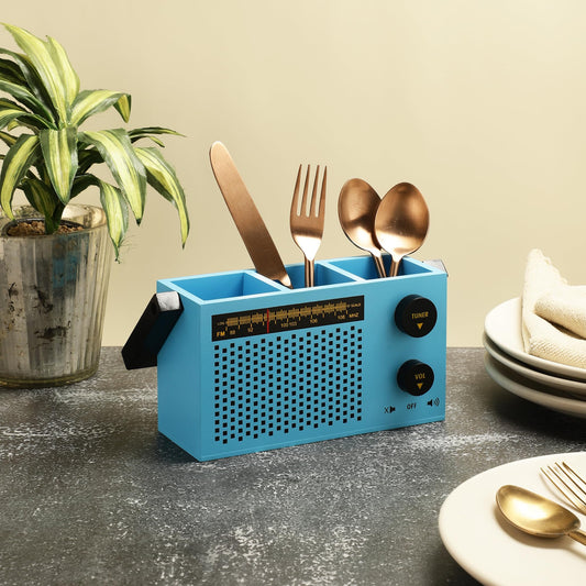 EK DO DHAI Radio Wooden Retro Cutlery Holder for Counter top, Dining table, Kitchen Table for Forks, Knives, Spoons Holder Kitchen Organizer Cutlery Holder Blue