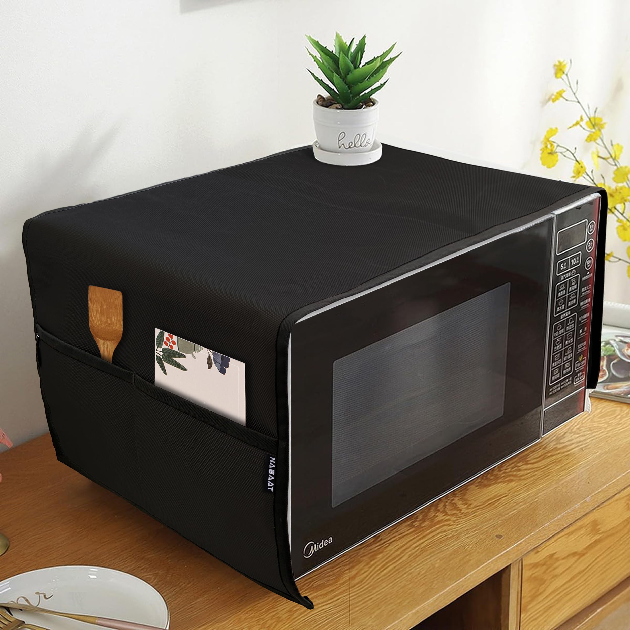 NABAAT Microwave Oven Cover for Kitchen Decor Durable Dustproof Waterproof Modern Design with 4 Side Pockets for Kitchen Accessories - Black (100 x 35cm)