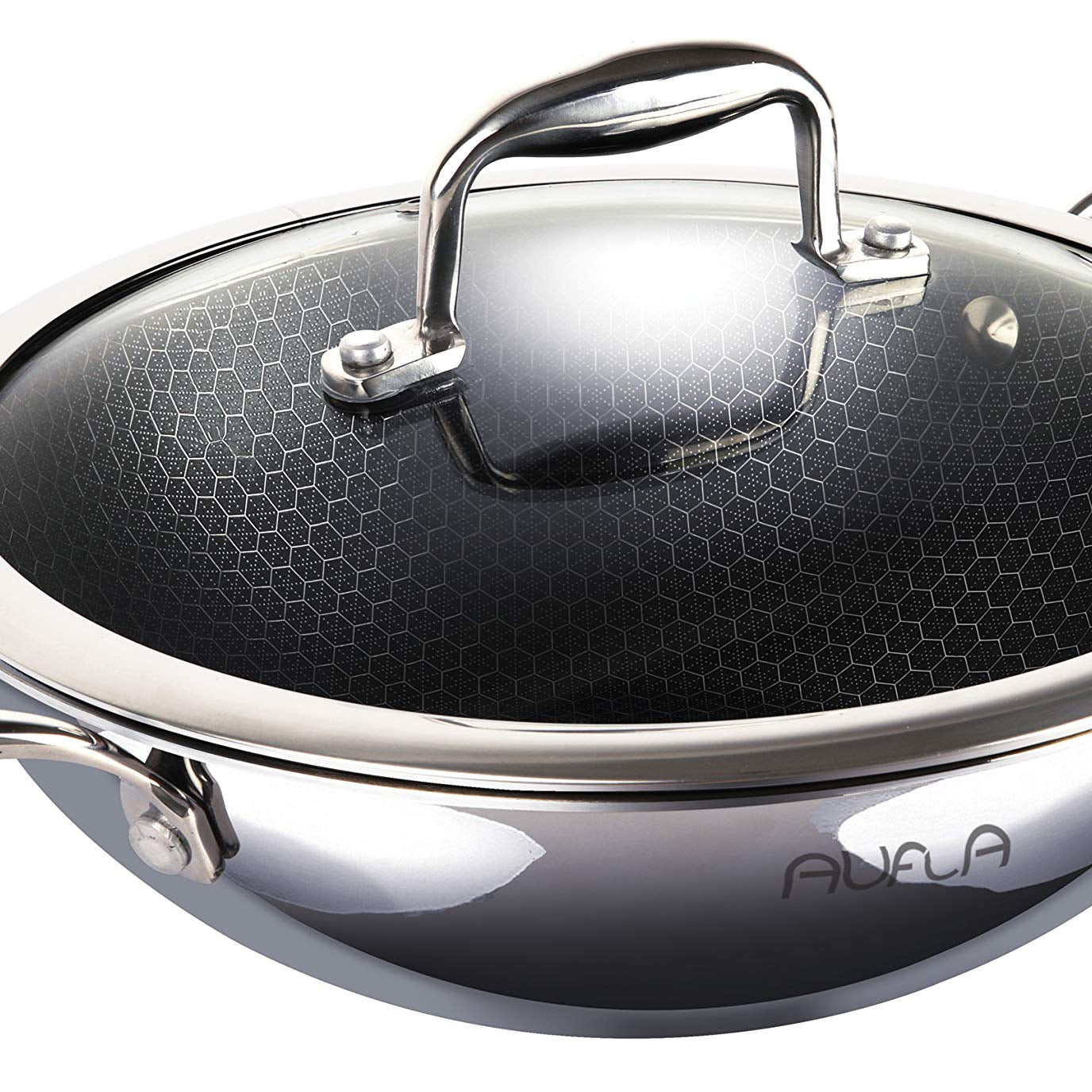 AUFLA Kadhai/Wok Pan with Glass Lid Honeycomb Non-Stick Stainless Steel, 20 cm, 1.5 litres. Induction Base. (24 cms)