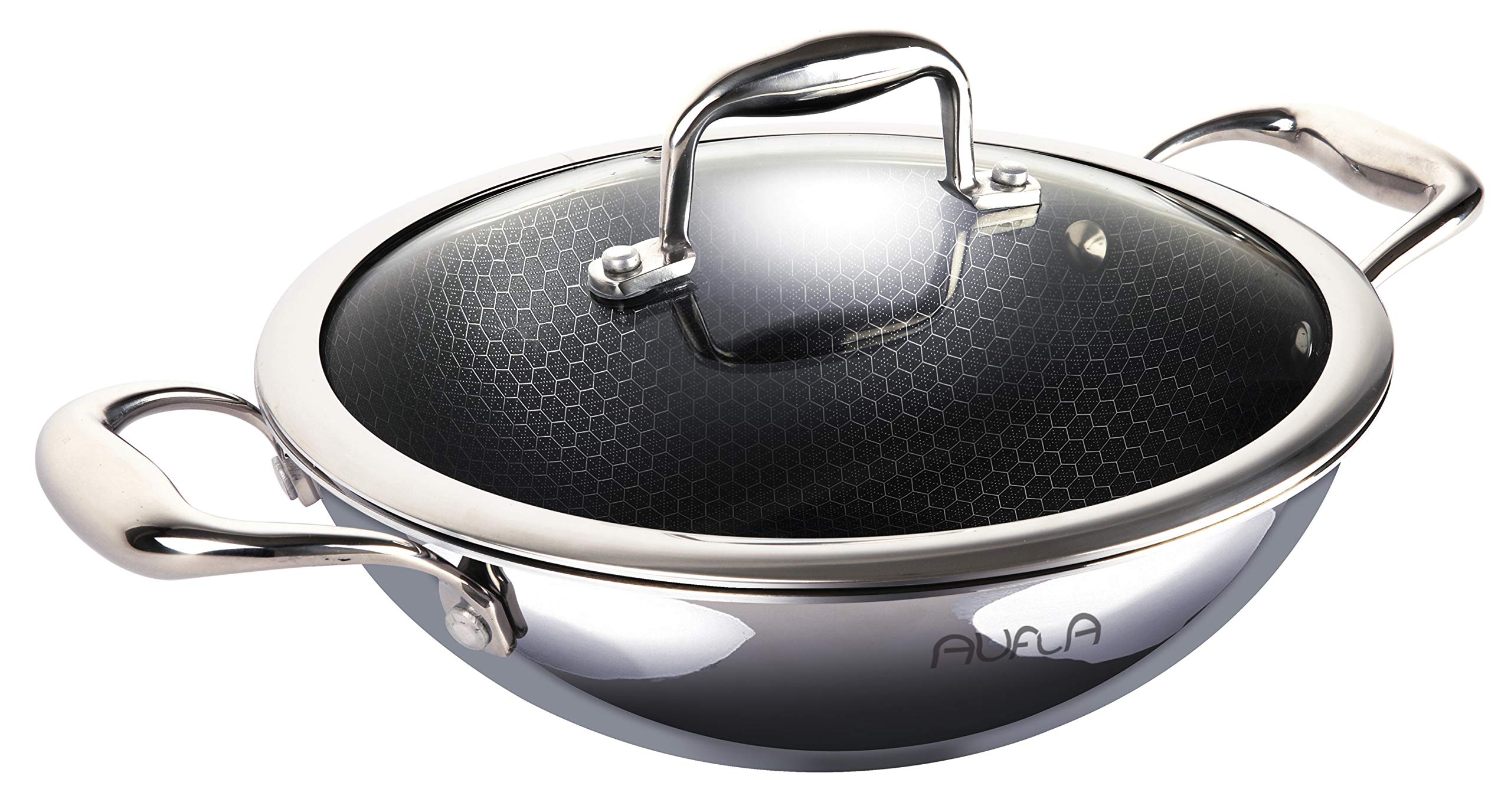 AUFLA Kadhai/Wok Pan with Glass Lid Honeycomb Non-Stick Stainless Steel, 20 cm, 1.5 litres. Induction Base. (24 cms)