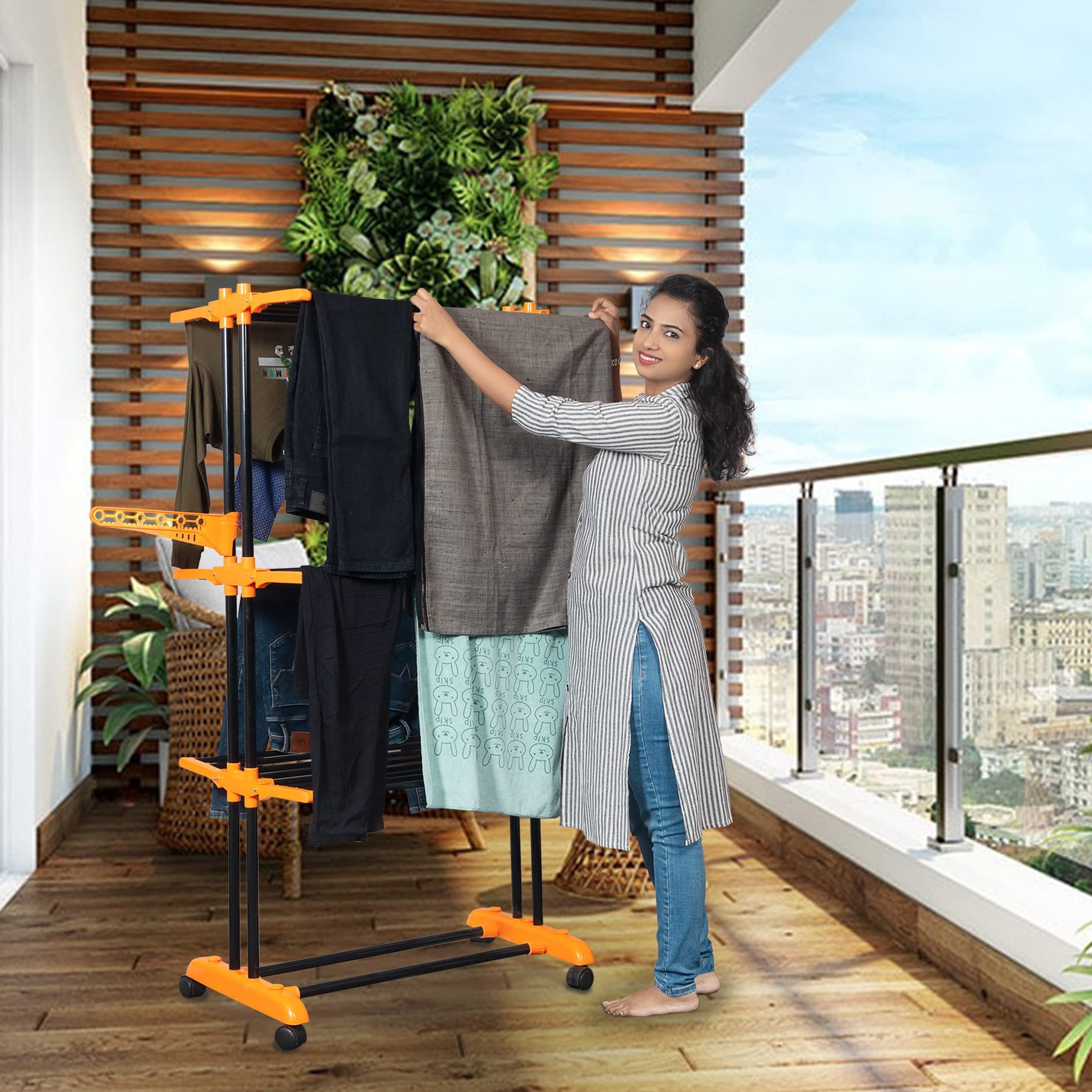 PARASNATH Luxury Black/Orange 2 Pole Steel Clothes Drying Stand /Dry Clothes Stand For Balcony / Drying Rack With Breaking Wheel System Clothes Stand For Drying (Alloy Steel)