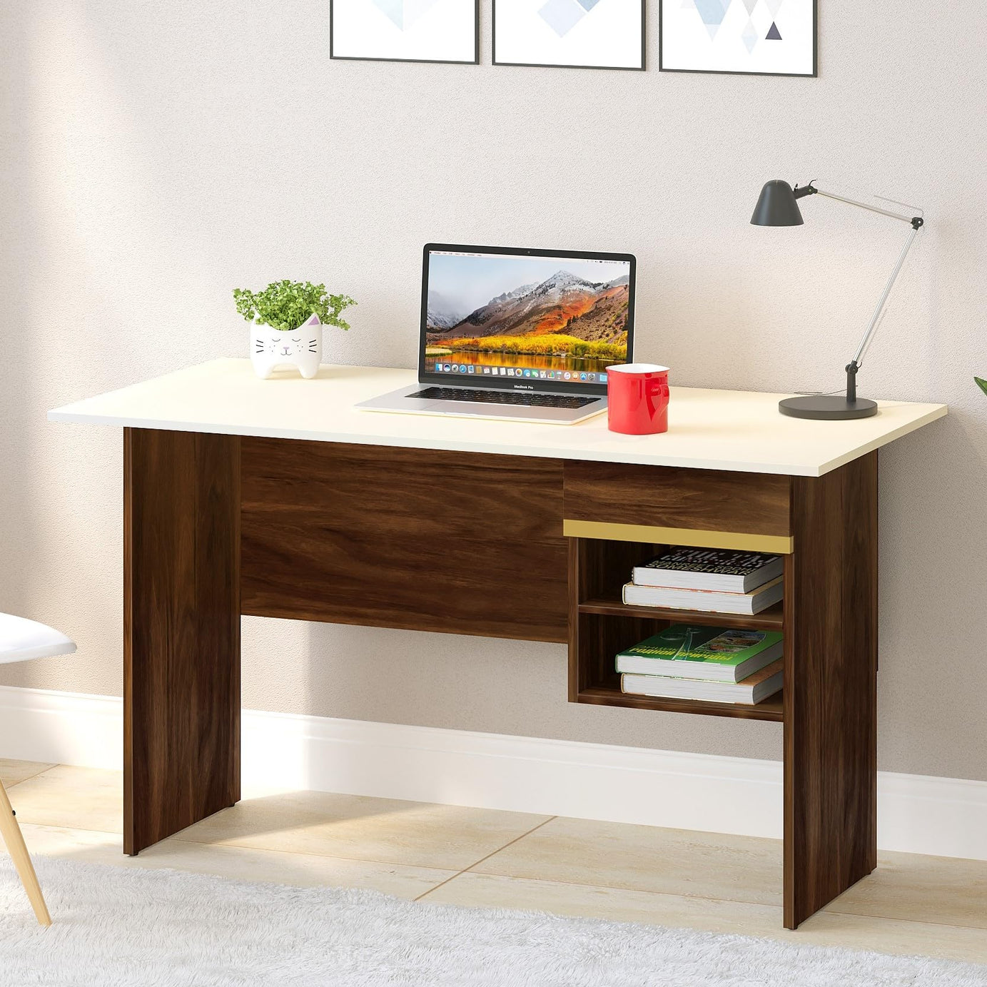 BLUEWUD Amalet Engineered Wood Study and Computer Laptop Table for Home or Office, WFH Desk, with Drawer Shelves Storage for Books for Adults Kids Students (Brown Maple with Gold Motif)