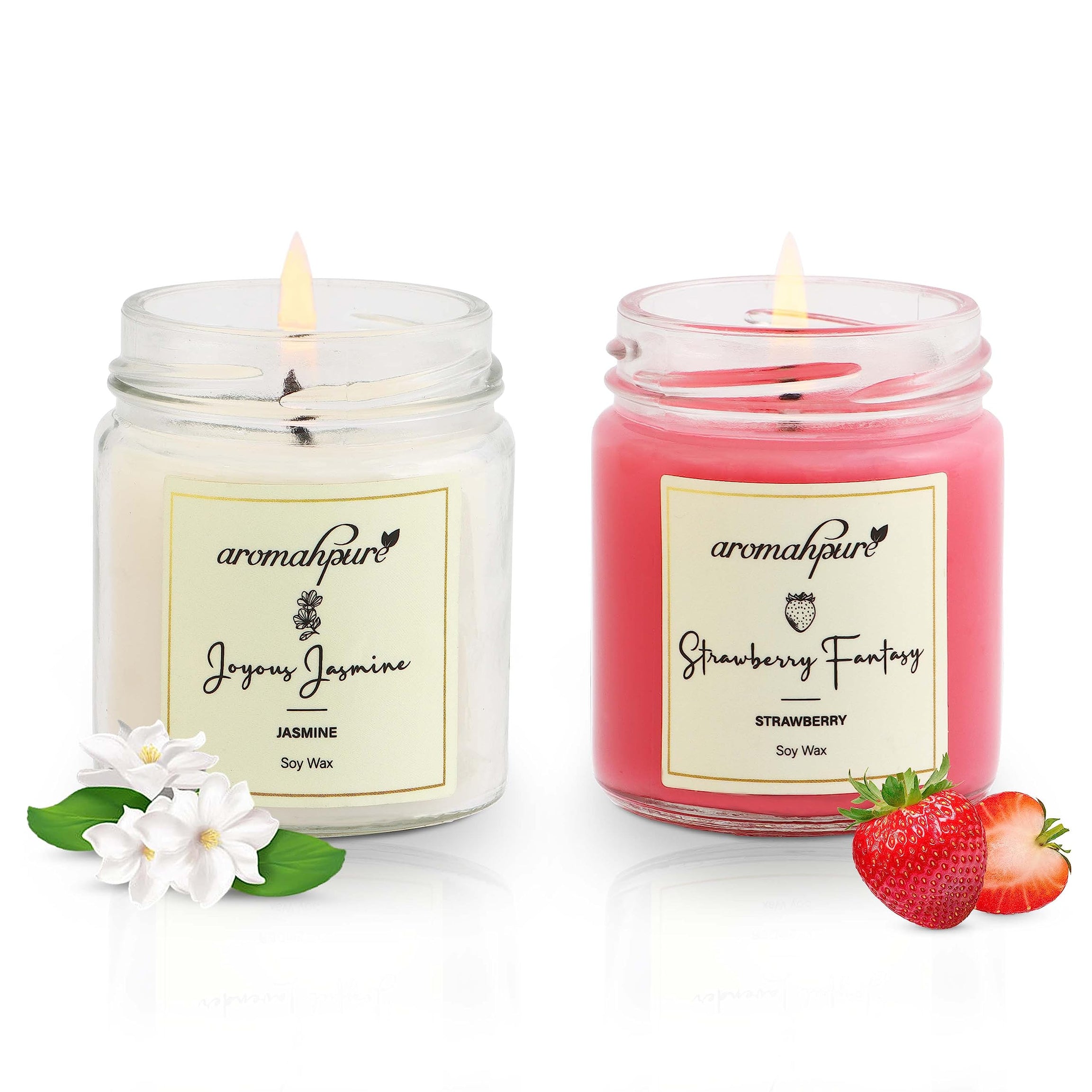 Aromahpure Scented Candle (54x 2Hours) | Jasmine, Strawberry Scented Candle | 100% Soy Wax, Smokeless Candle | Pack of 2 | Long Lasting Aroma Candles| Scented Candles for Home Décor