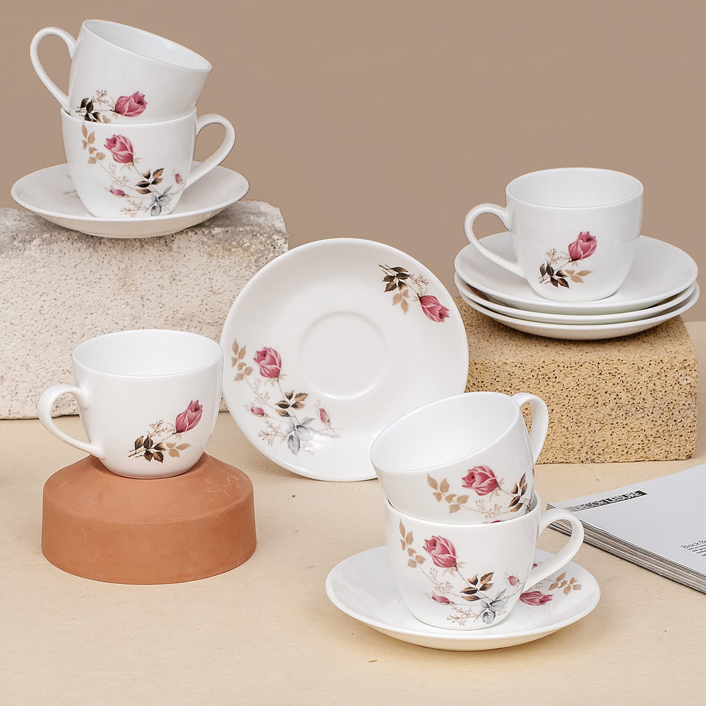 Clay Craft Fine Ceramic | Floral Printed | Tea/Coffee Cups - Set of 6-180 ml each (Cup Saucer)