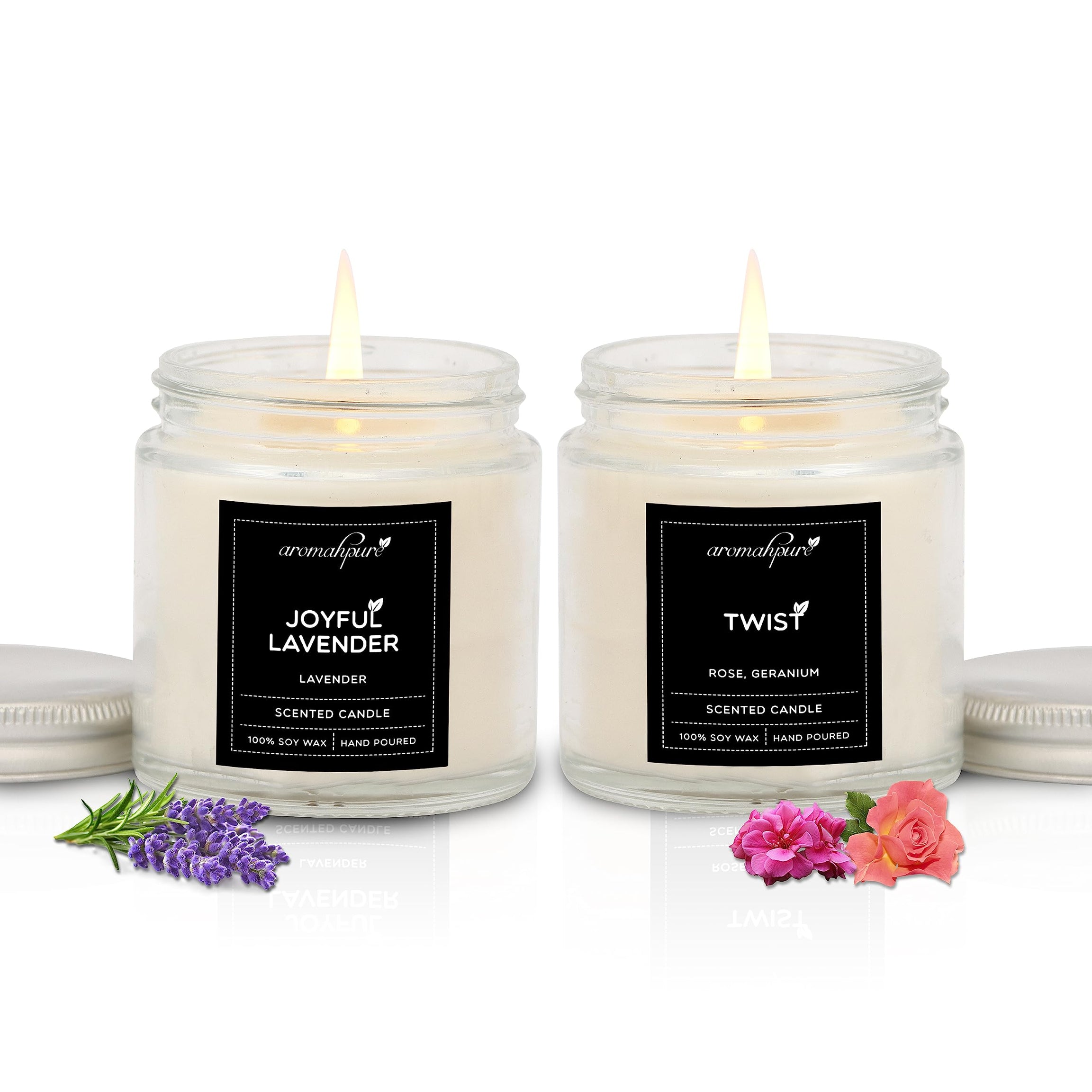 Aromahpure Scented Candles (55 Hours) (100% Soy Wax)- Handcrafted | Smoke-Free | Joyful Lavender, Twist Fragrance-Rose & Geranium Candles for Home & Gift Sets