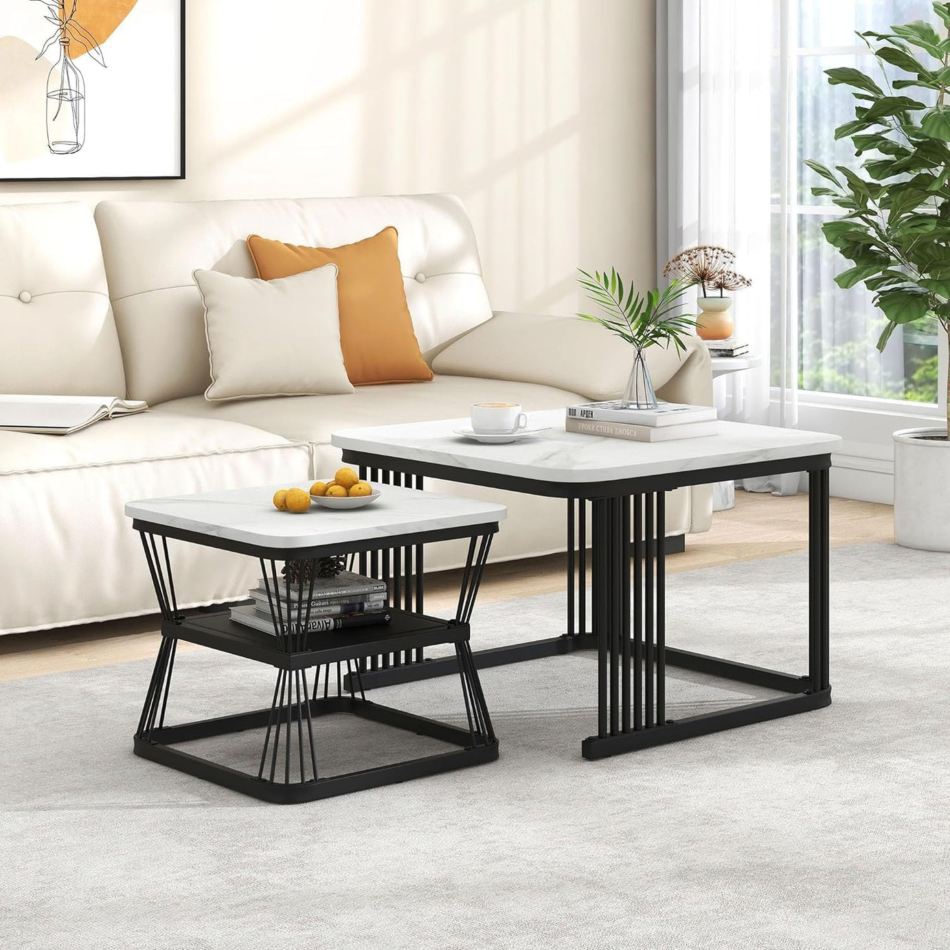 EXPRESSOW ENTERPRISES Elegant Metal Frame Square Coffee Tables Set of 2 - Stacking Center Tables with Marble Finish - Stylish Decor for Living Room Bedroom or Apartments (Black White)