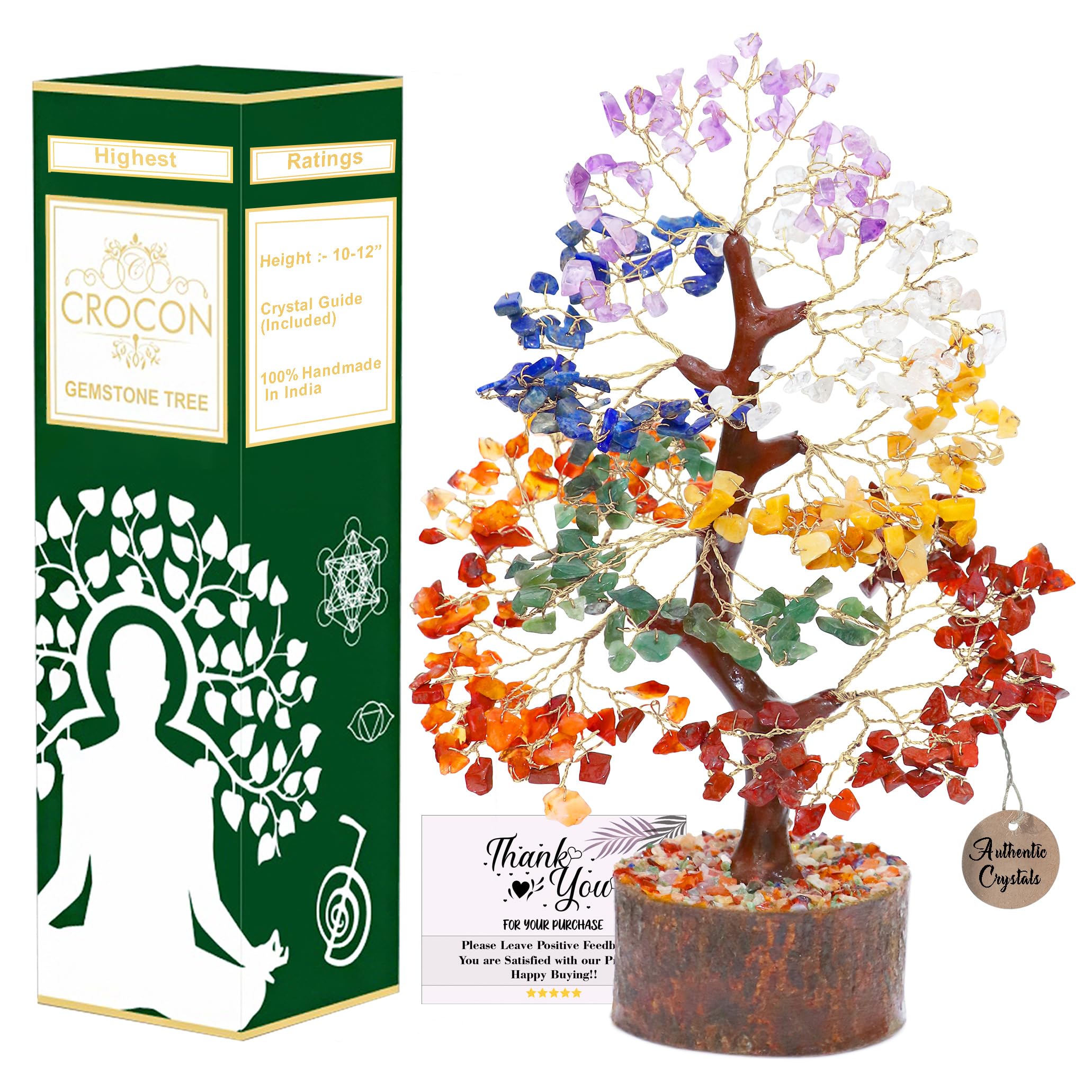 Crocon Natural Healing Gemstone Crystal Bonsai Fortune Money Tree for Good Luck, Wealth & Prosperity Spiritual Gift Size 10-12 Inch (Seven Chakra (Golden Wire))