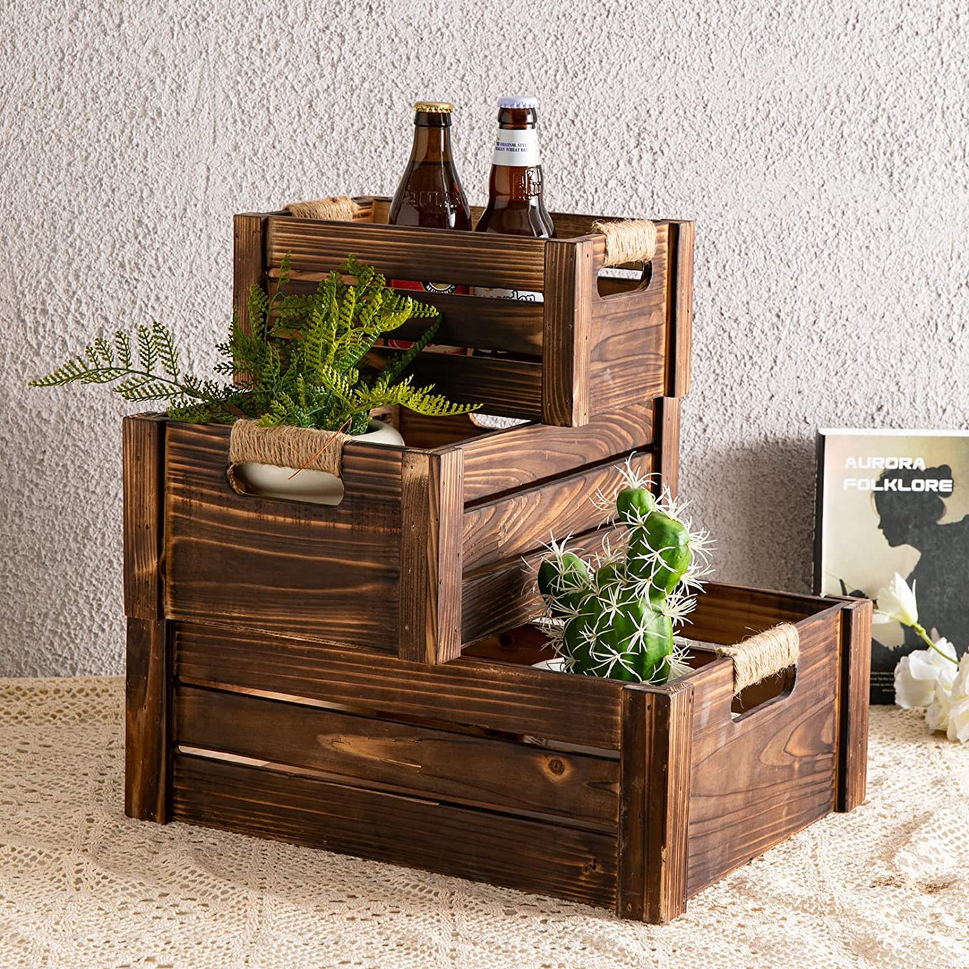 Hamdan Collection Set of 3 Rustic Wood Nesting Crates, Farmhouse Handmade Wooden Storage Container Boxes with Cutout Handles, Decorative Wooden Baskets for Display-Brown