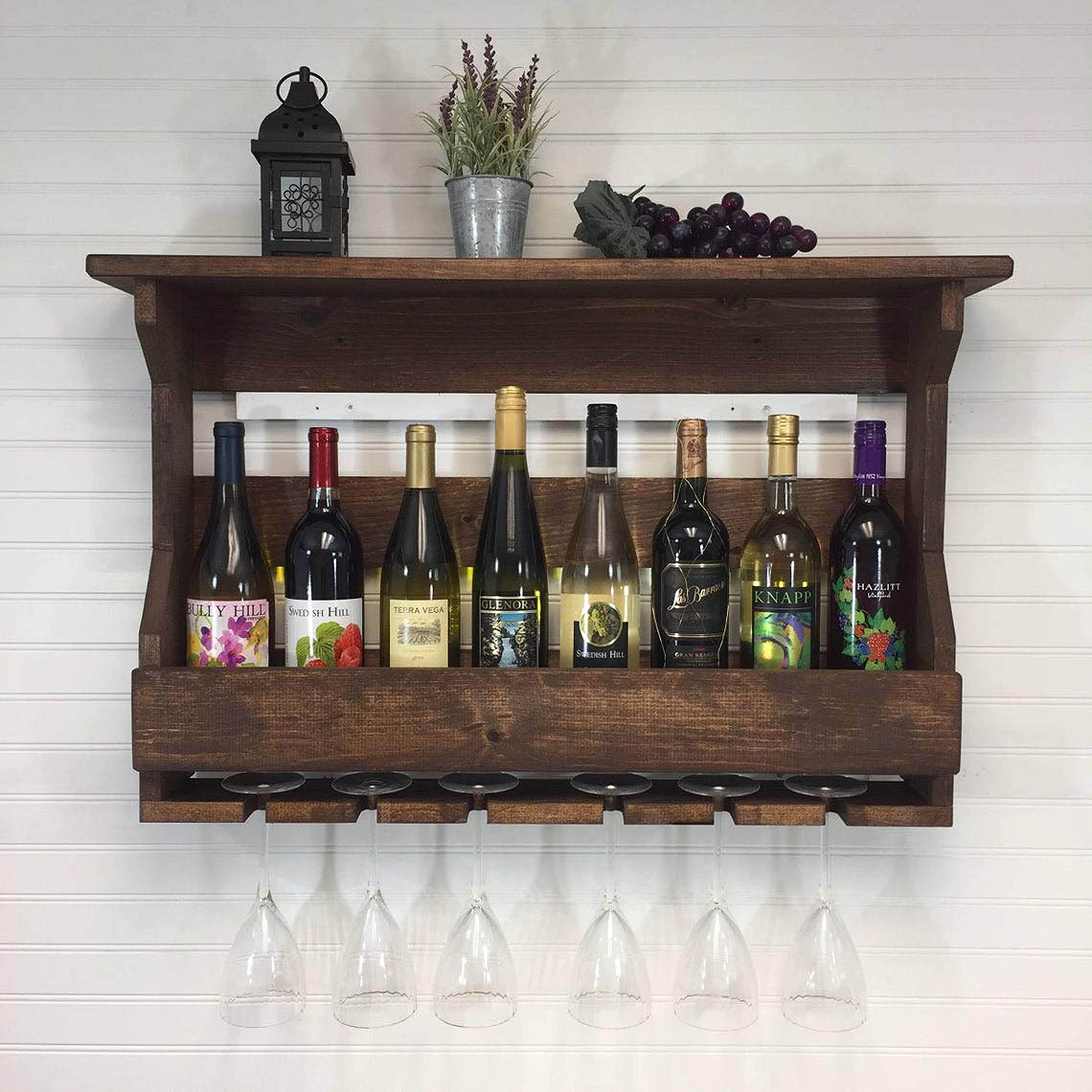 BROLET Sheesham Wood Jorden Wooden Wall Hanging Design Bar | Bar Cabinets for Home | Mini Bar for Home | Solid Wood Make Wine Storage Cabinet with Glass Hanging Space-Walnut Finish