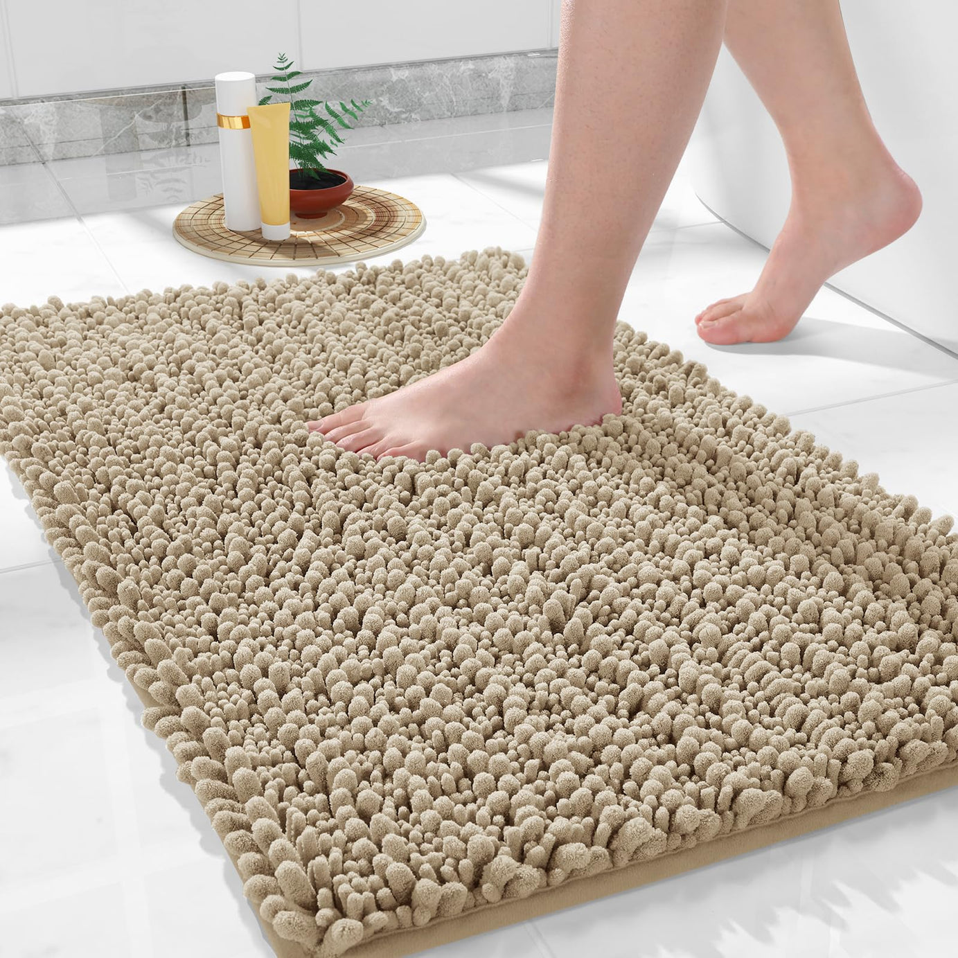 Yimobra Luxury Rectangular Bathroom Rug Mat 24X17,Extra Soft&Absorbent Microfiber Bath Rugs,Non-Slip Plush Shaggy Bath Carpet,Machine Wash Dry,Bath Mats For Bathroom Floor,Tub And Shower,Camel