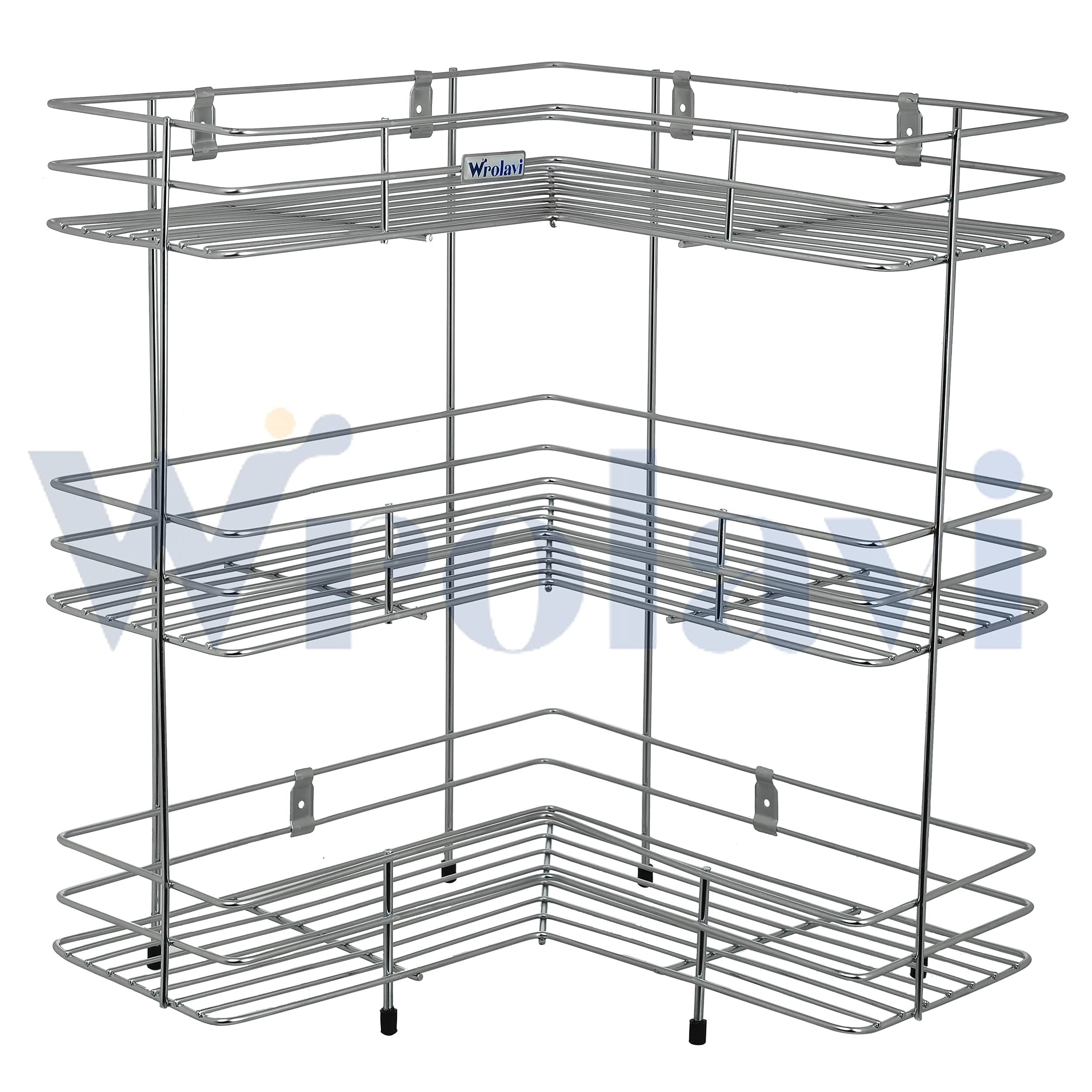 ZINBELL L Corner Shape Stand Triple Layer 3-Tier Stainless Steel Multipurpose Storage Rack/Shelf Rack for Dish Kitchen & Bathroom Polished Steel Finish (Silver, Corner Shelf)