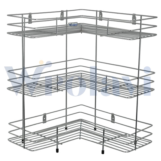 ZINBELL L Corner Shape Stand Triple Layer 3-Tier Stainless Steel Multipurpose Storage Rack/Shelf Rack for Dish Kitchen & Bathroom Polished Steel Finish (Silver, Corner Shelf)