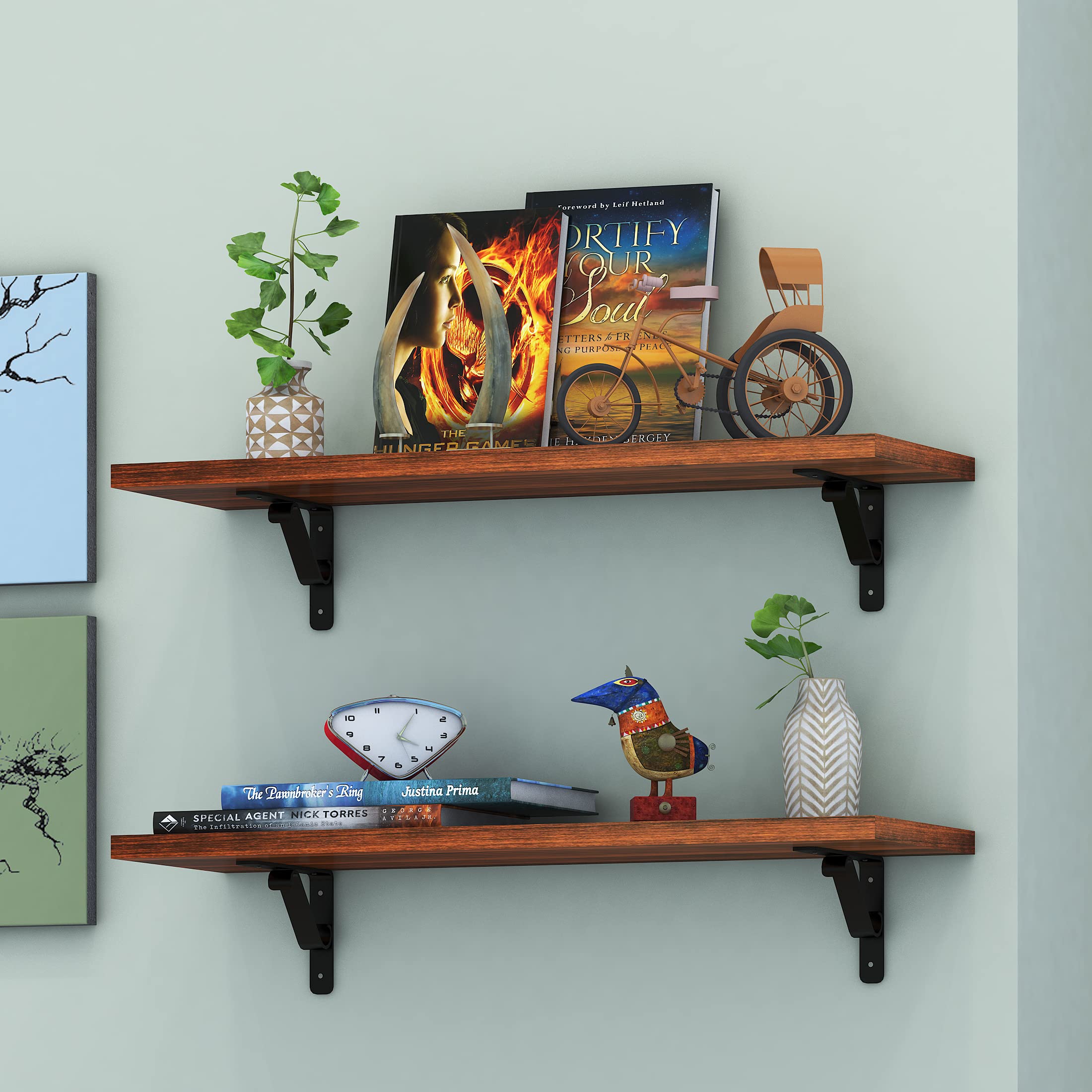 Klaxon Arizona Wood and Metal Floating Wall Shelves | Home Decorative Shelf (24 * 8 Inches, Pack of 2, Walnut & Black)