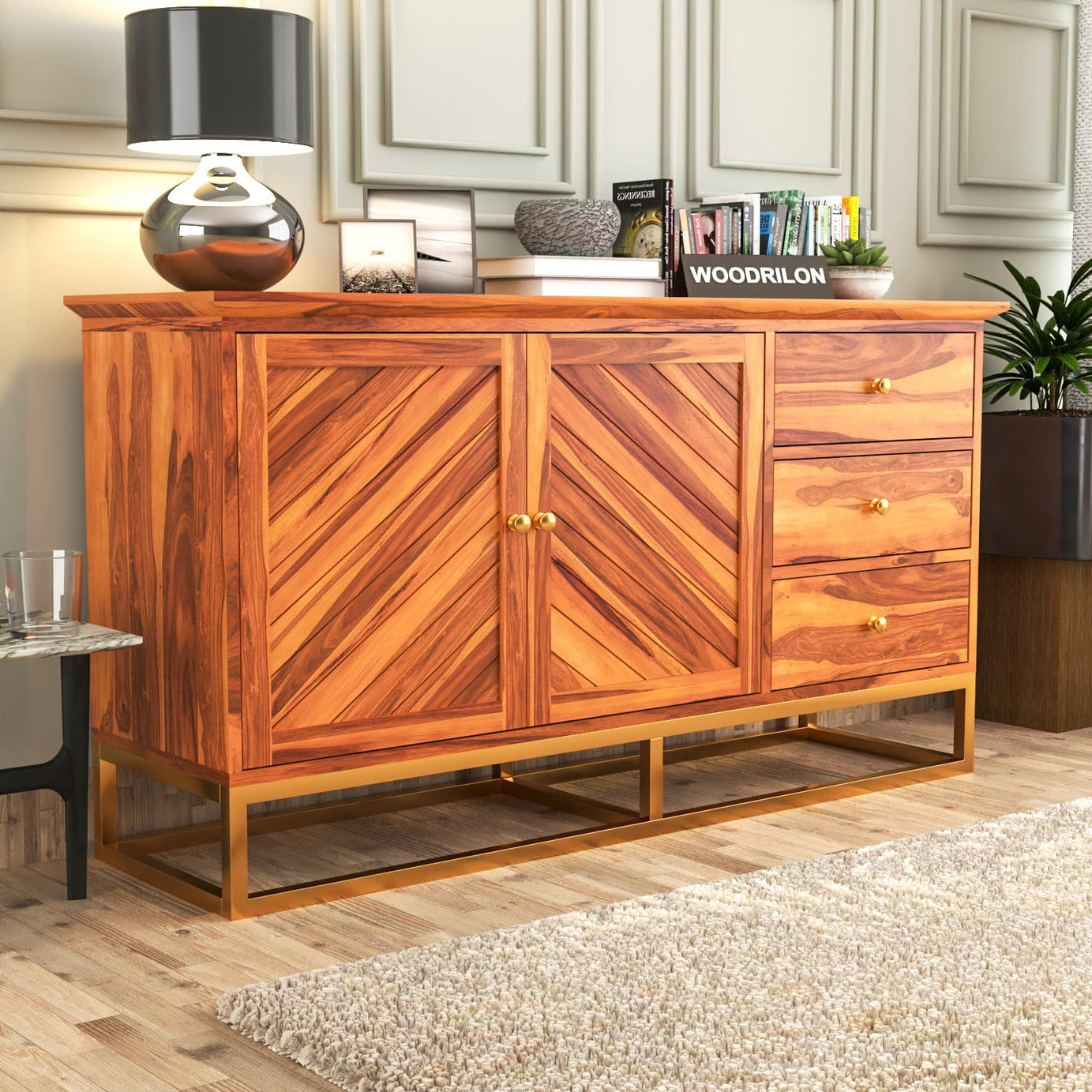 Woodrilon Solid Sheesham Wood Sideboard Cabinet with 3 Drawers & 2 Doors - Versatile Storage Solution - Chest of Drawer for Living Room, Office & Home Decor (Genevieve, Honey Finish)