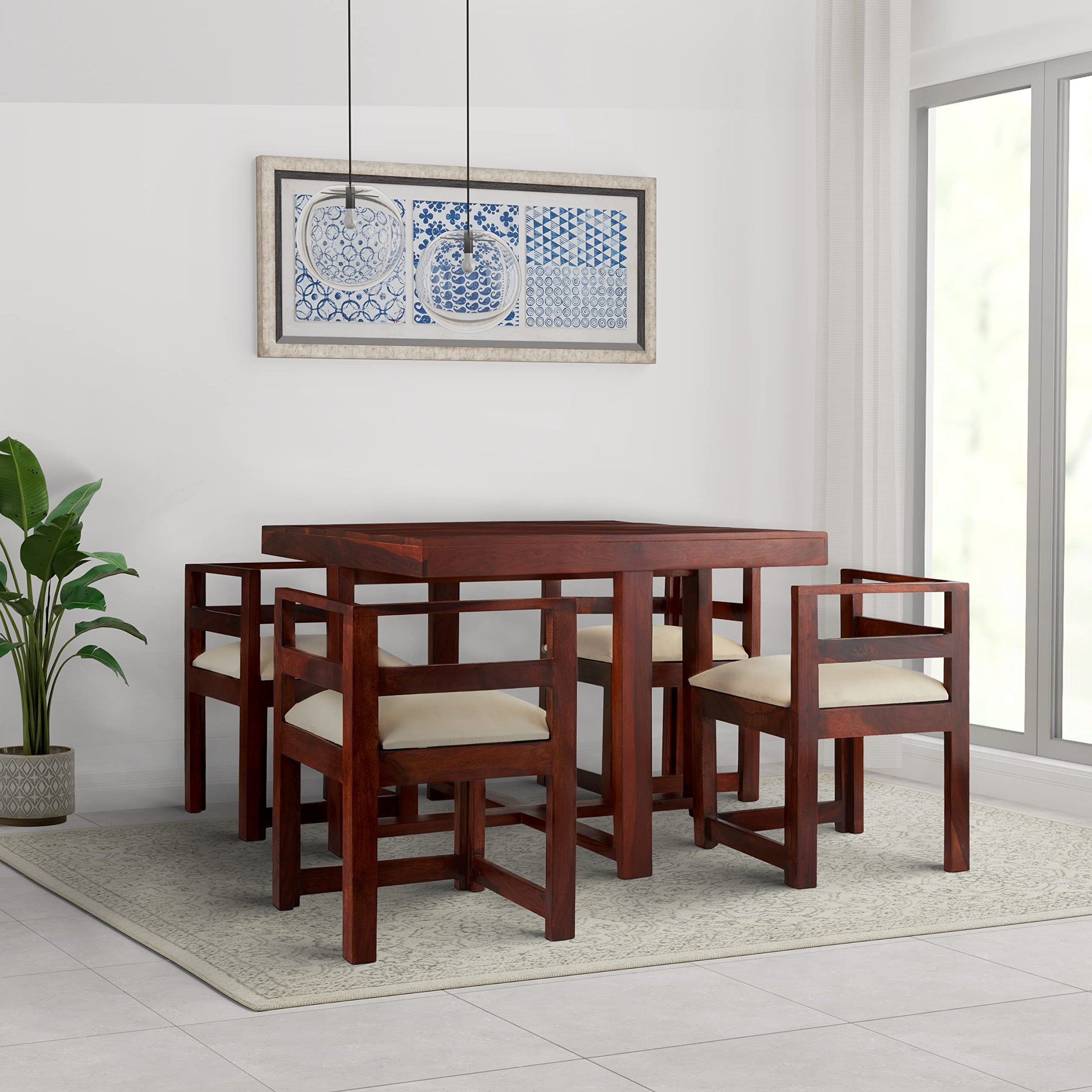 Amazon Brand - Solimo Melka Modern 4 Seater Dining Table with 4 Cushioned Chairs (Solid Sheesham Wood, Honey Finish)