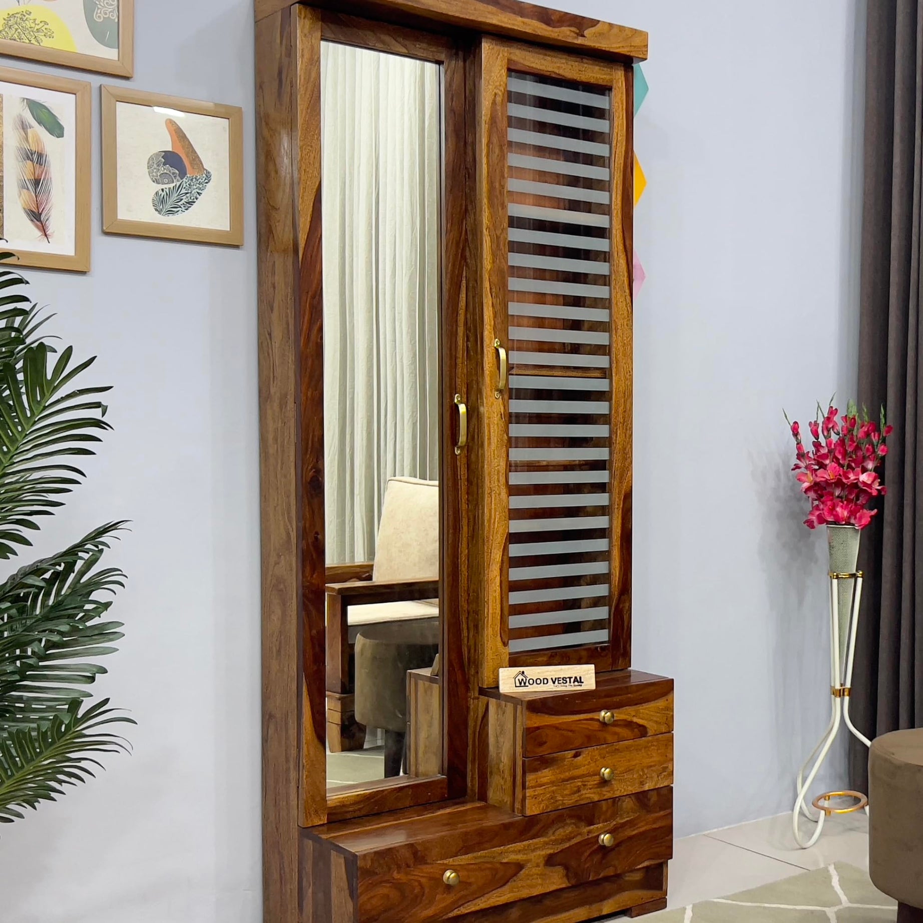 Wood Vestal Sheesham Wood Dressing Table with Double Door | Wooden Dressing Table | Sheesham Wood | Bedroom Furniture, Brown