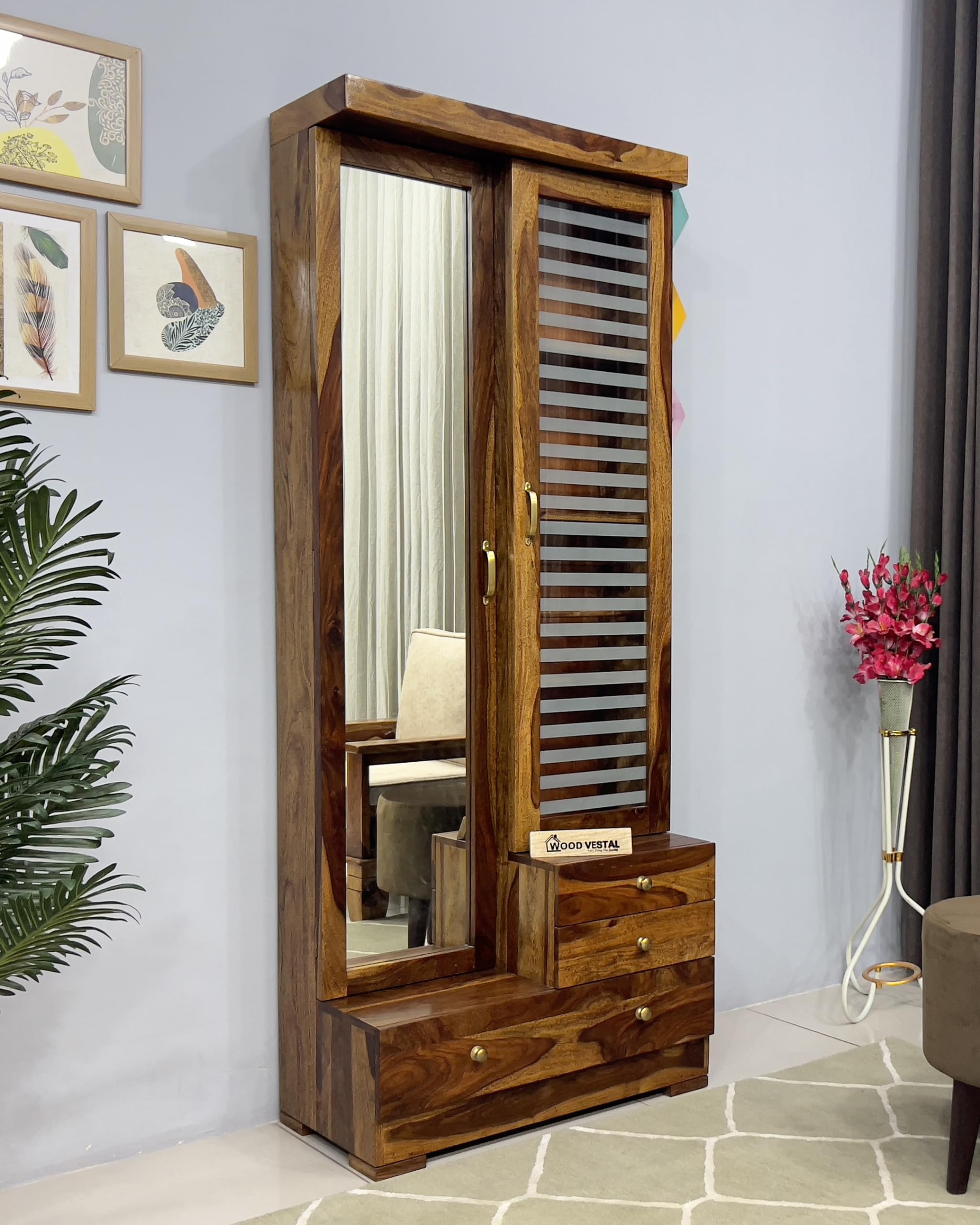 Wood Vestal Sheesham Wood Dressing Table with Double Door | Wooden Dressing Table | Sheesham Wood | Bedroom Furniture, Brown