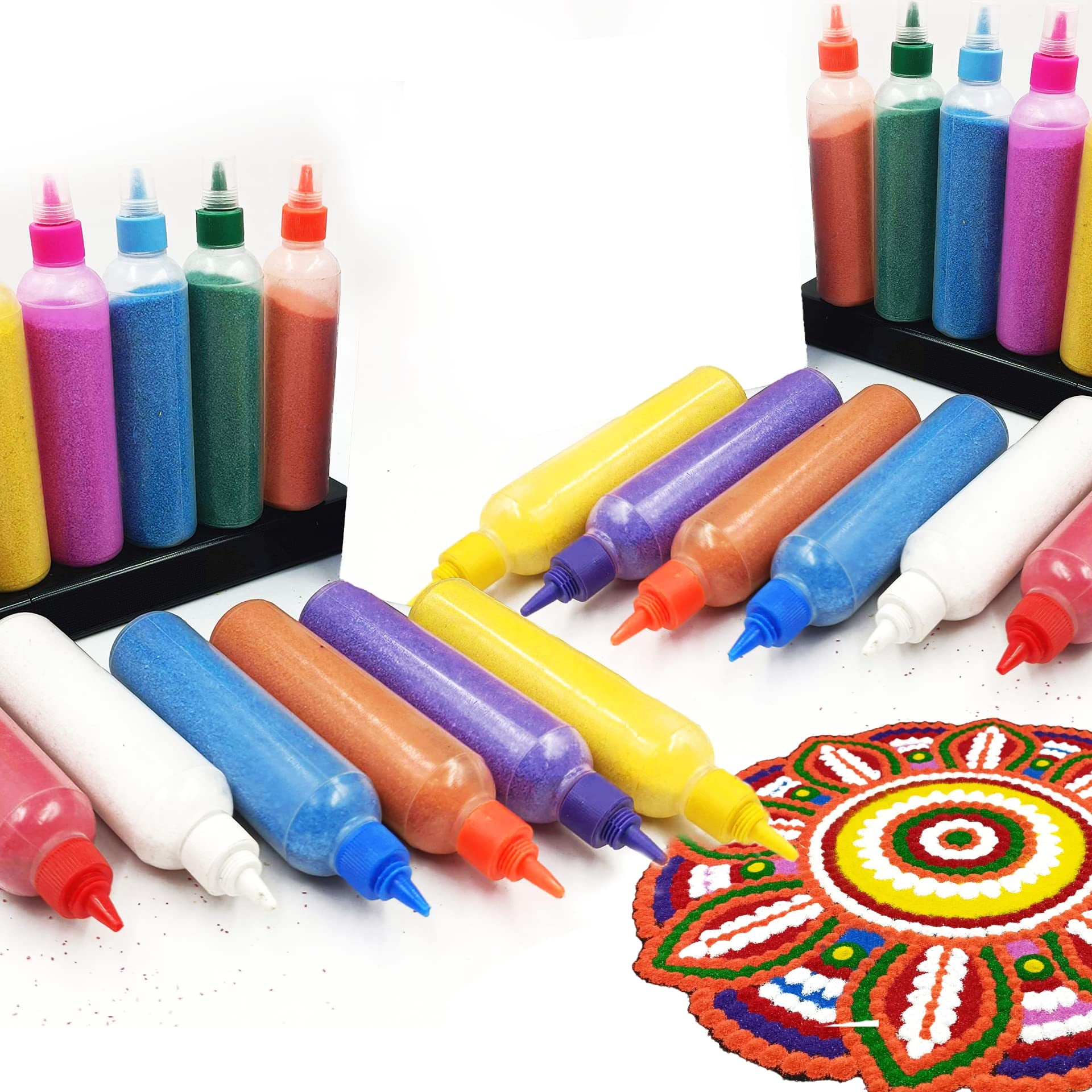 CraftVatika 24 Rangoli Colour Powder Tube Kit, Latest Design Diwali Decoration Items Bottles Tool Floor Art Rang for Home Navratri Pongal Pooja Mandir Decor (Pack of 12) (24 Count (Pack of 1))