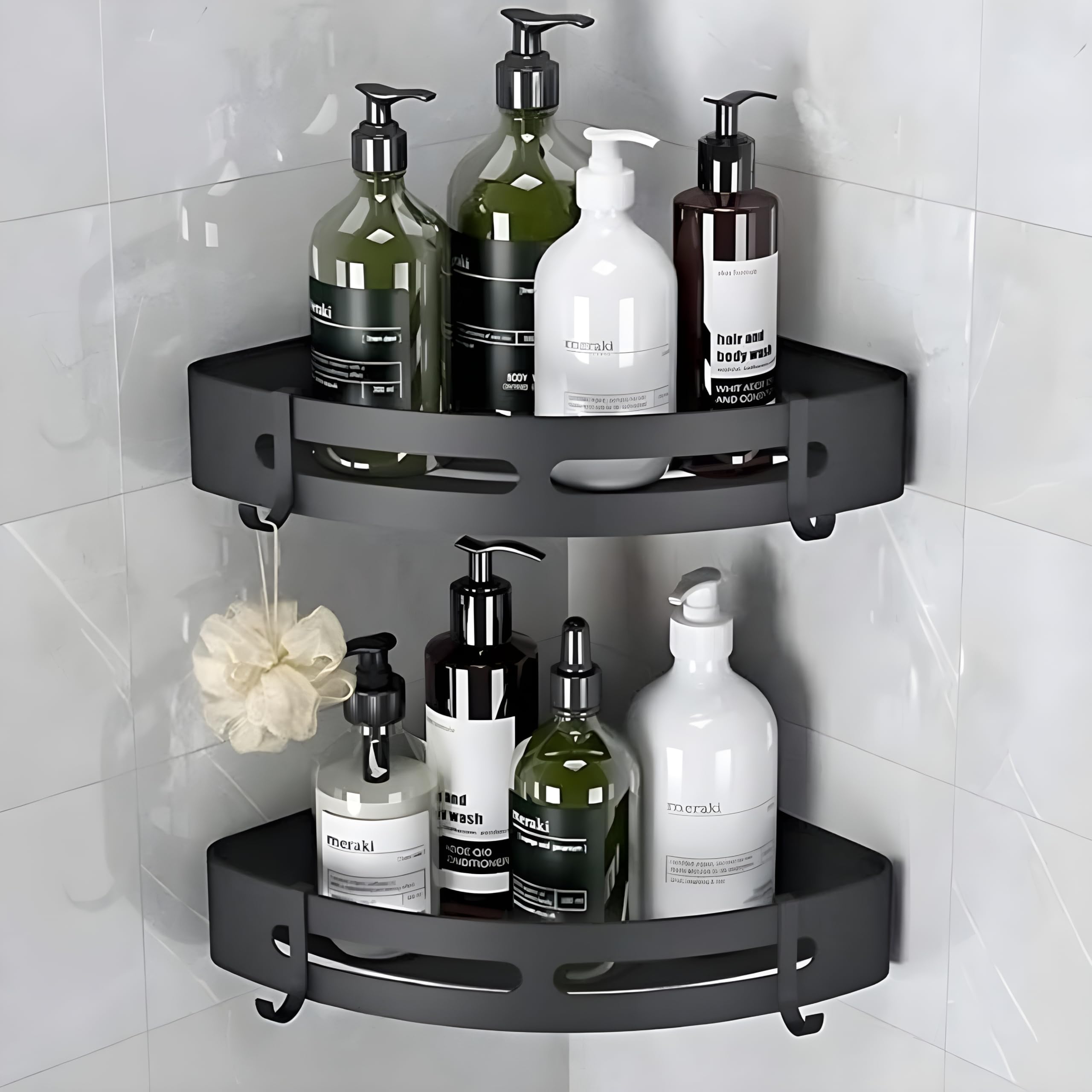 JIALTO 2 Pcs Corner Shelf for Bathroom | Self-Adhesive Bathroom Shelf for Wall | Corner Stand and Rack without Drilling | Bathroom Accessories and Storage Rack (Black)