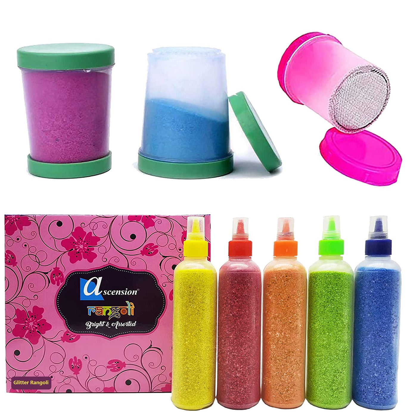 ascension Rangoli kit 5 Multicolour Rangoli Bottles Powder with 3 Fillers Rangoli Ceramic Colours Rangoli Powder Rangoli Making Kit for Floor Diwali Navratri Pongal Pooja Onam,Ceramic, Metal