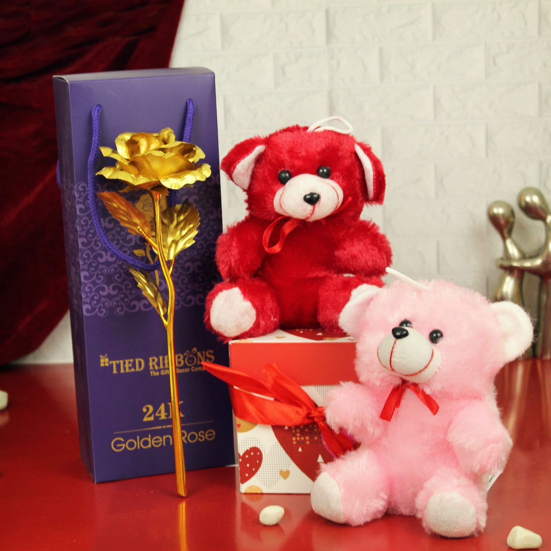 Tied Ribbons Gift for Girlfriend Boyfriend Husband Wife Couples Wedding Anniversary Birthday Special 24K Gold Plated Rose with Teddy Bear Hamper