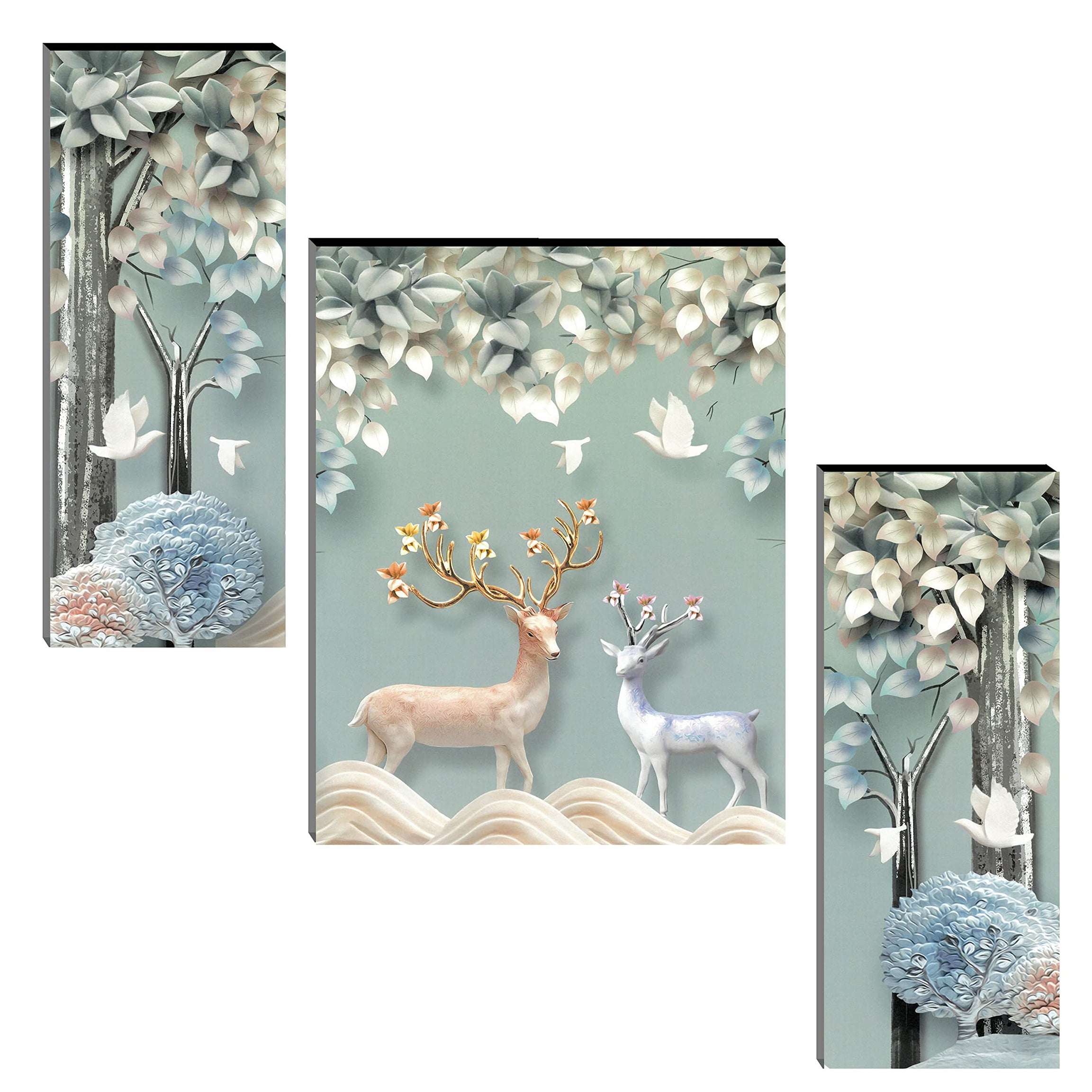 Indianara Set of 3 Deers Art MDF Art Painting (4064FL) without glass 4.5 X 12, 9 X 12, 4.5 X 12 INCH (Style 1)