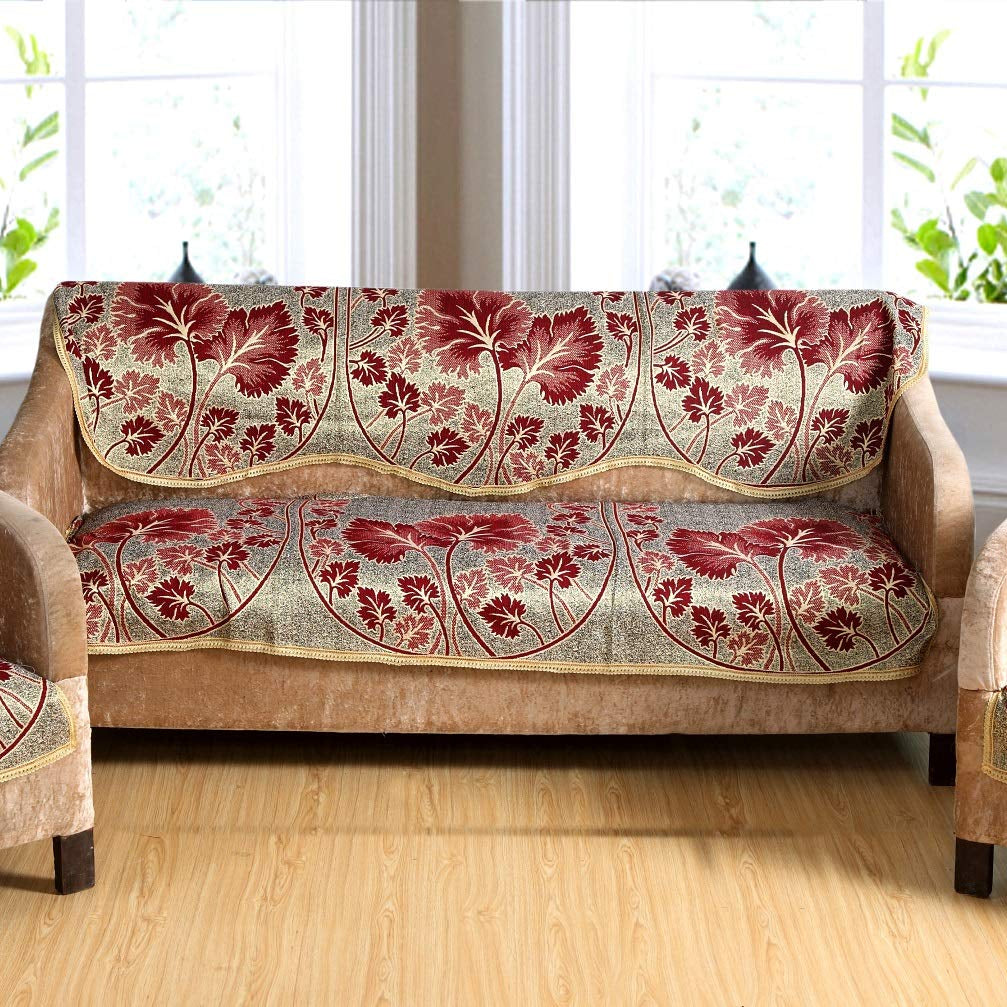 Nendle Poly Cotton Flowered 3+1+1 Seater Sofa Cover Set (Maroon, 69 Inch x 27 Inch)