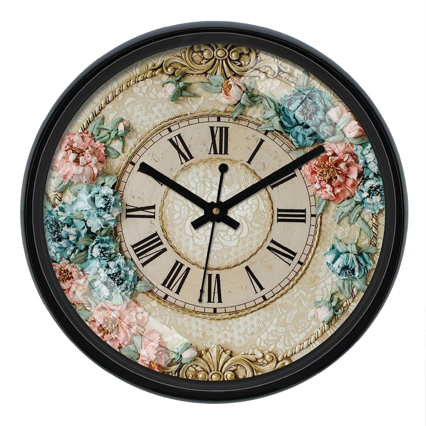 Amazon Brand - Solimo 12-inch Plastic & Glass Wall Clock - Victorian Bliss (Silent Movement), Black