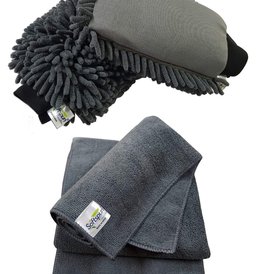 SOFTSPUN Microfiber Chenille & Single-Side Gloves 1700 GSM with Towel 340 GSM, 6 Piece Combo Grey, Multi-Purpose Super Absorbent and Perfect Wash Clean with Lint-Scratch Free Car, Dusting!