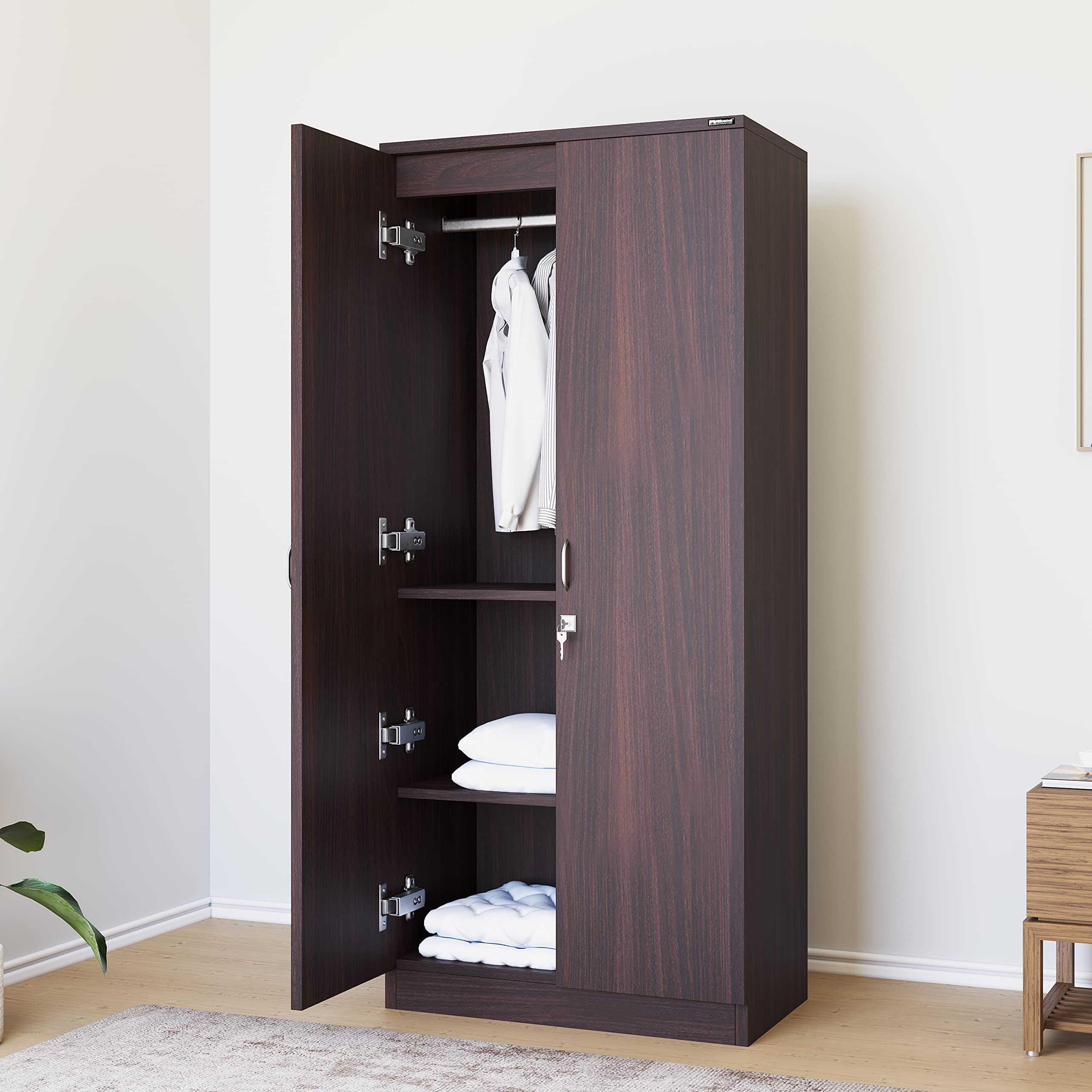 Nilkamal Crystal Engineered Wood 2 Door Wardrobe with 1 Hanging Rod and 2 Shelves | 1 Year Warranty | Bedroom Wardrobe (Color - Wenge/Natural Ebony; Delivery Condition - Knock Down)