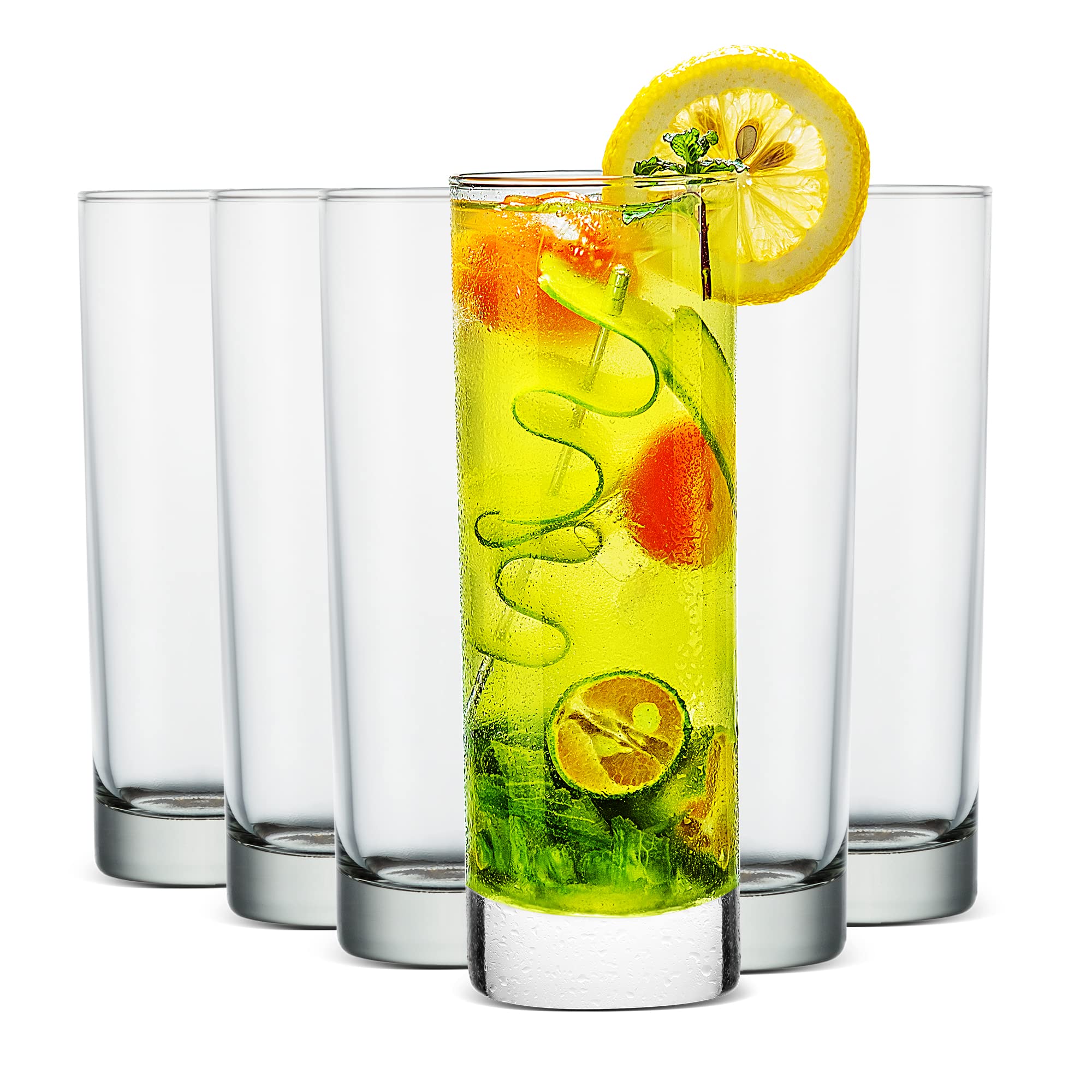 LUXU Highball Glasses(Set of 6)-10 oz,Lead-free Drinking Glasses with Heavy Base,Premium Collins Tumblers,Durable Clear Tall Glass Cups for Water,Juice,Beer,Wine,Beverages,Cocktails and Mixed Drinks