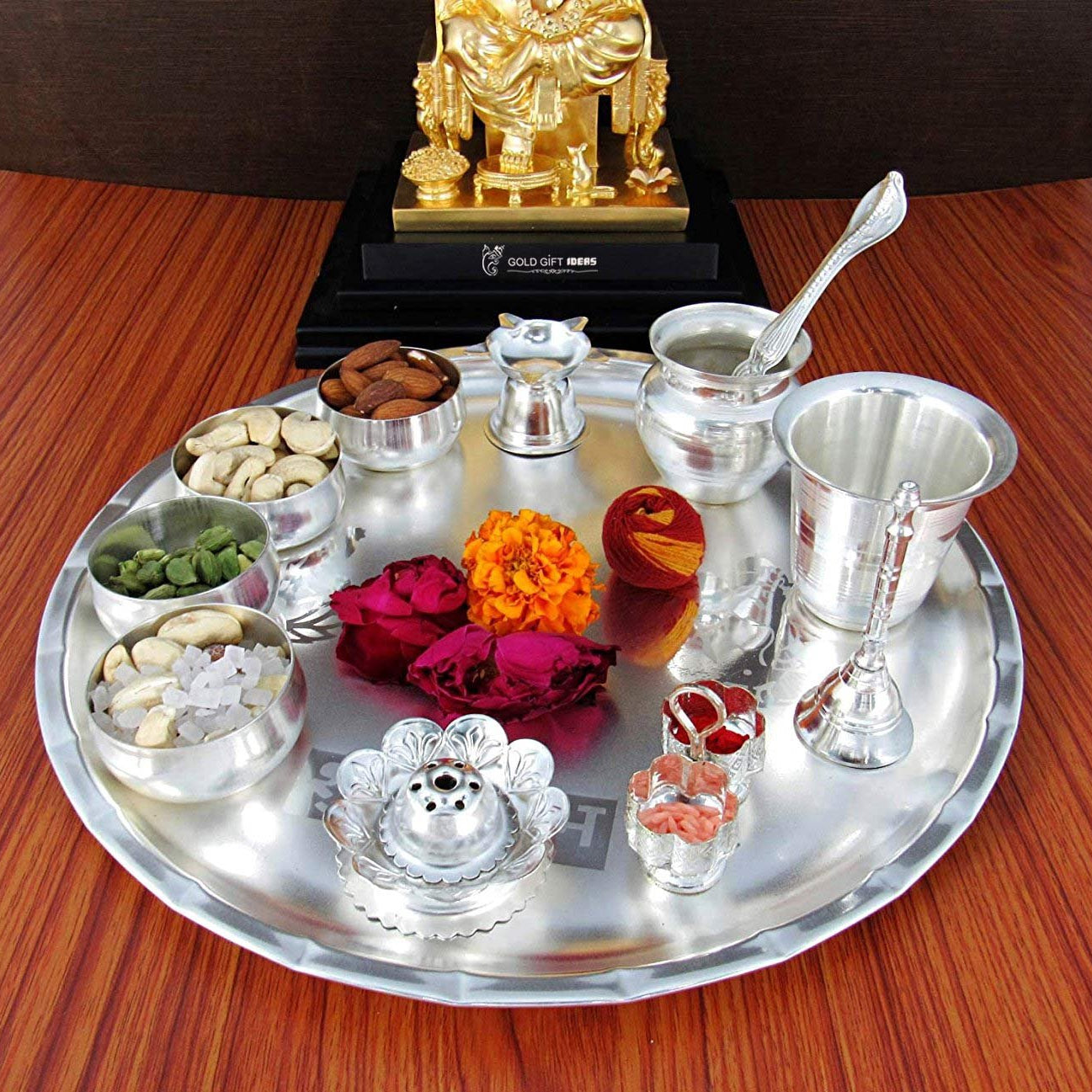 GoldGiftIdeas 12 Inch Sarovar Silver Plated Pooja Thali Set