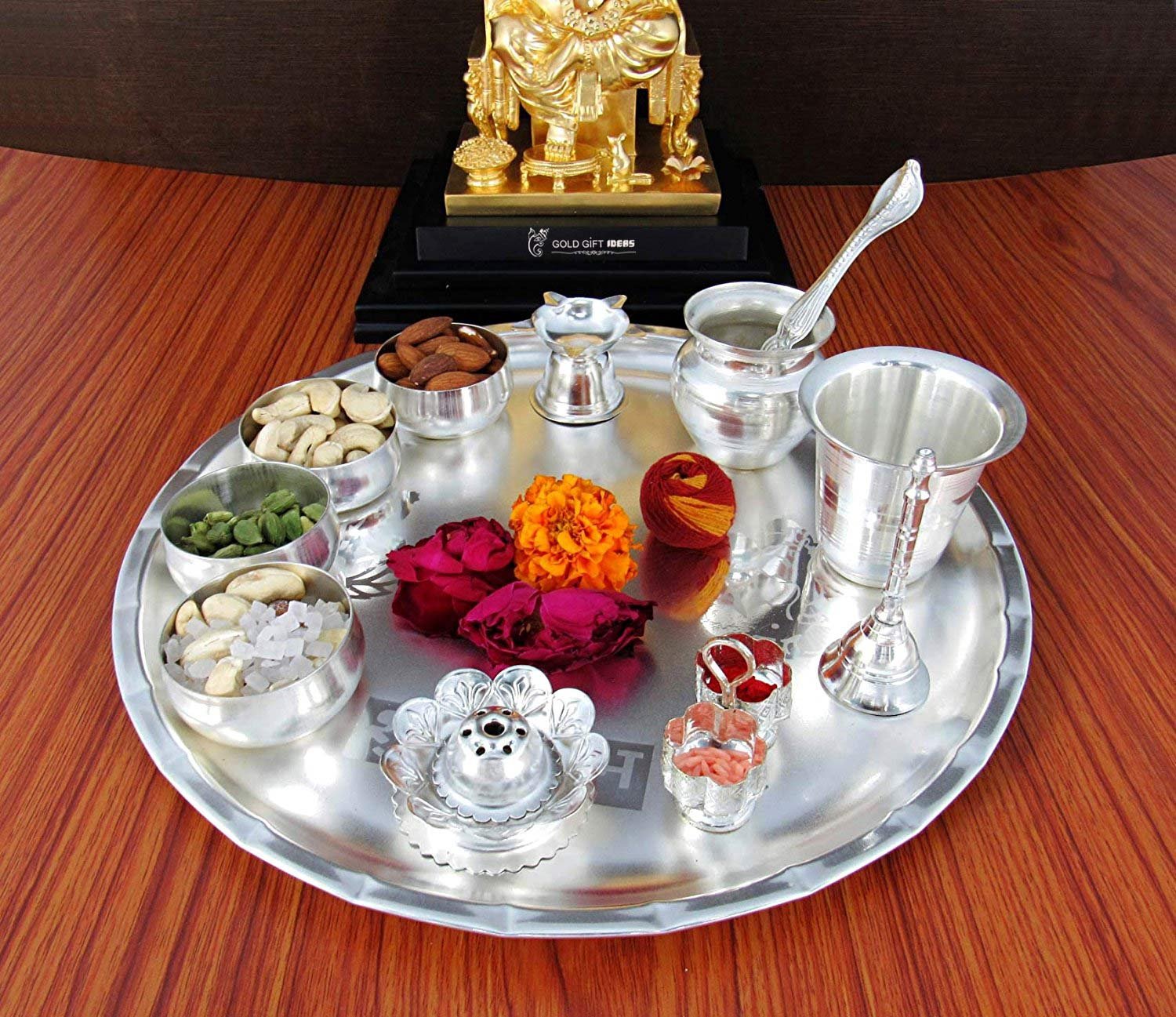 GoldGiftIdeas 12 Inch Sarovar Silver Plated Pooja Thali Set