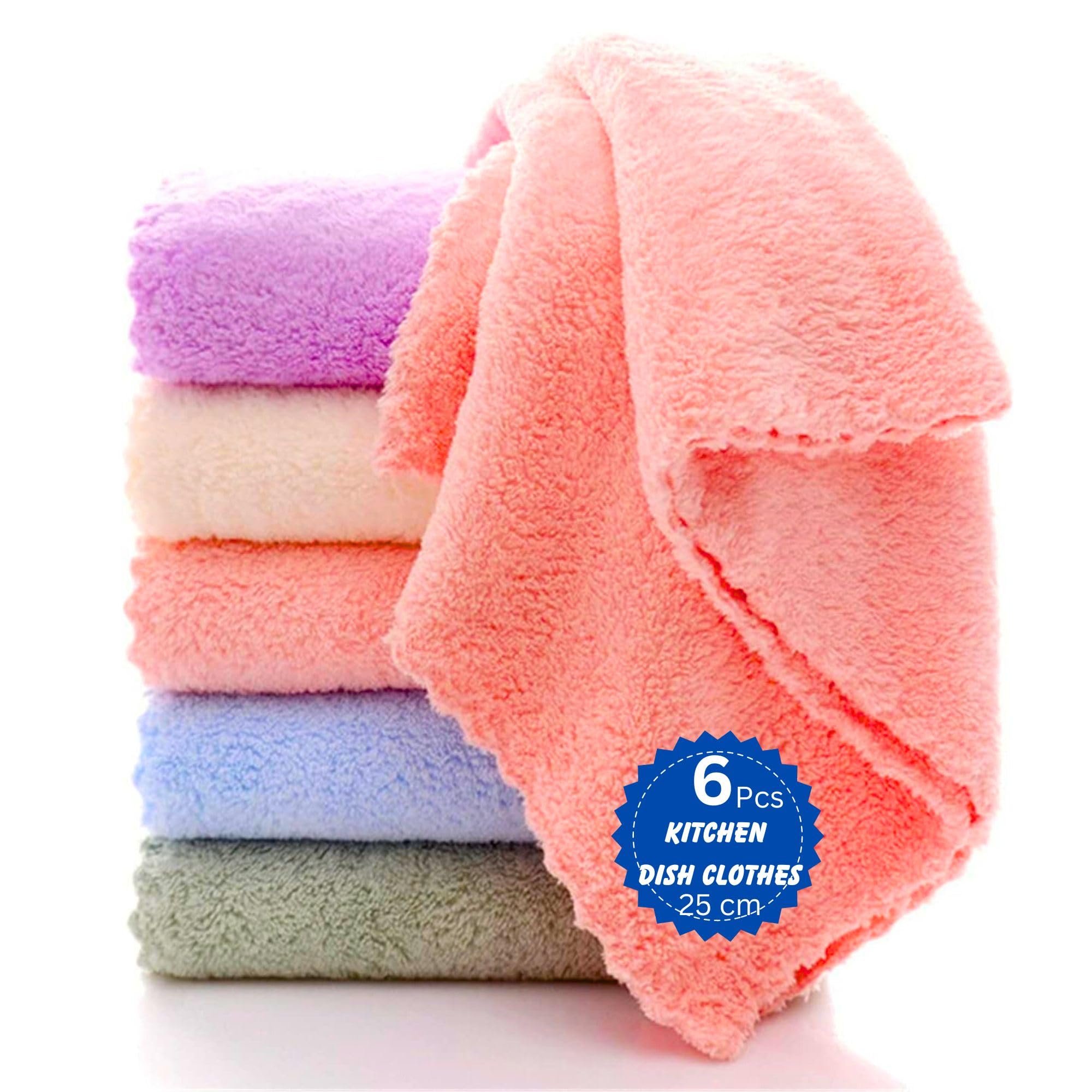 SynSo Kitchen Cloth for Cleaning Pack of 6 Soft Absorbent Lint Free Reusable Microfiber Cloths Kitchen Towels Wash Clothes Face Dish Utensils Mirror Eyeglass Gas Stove